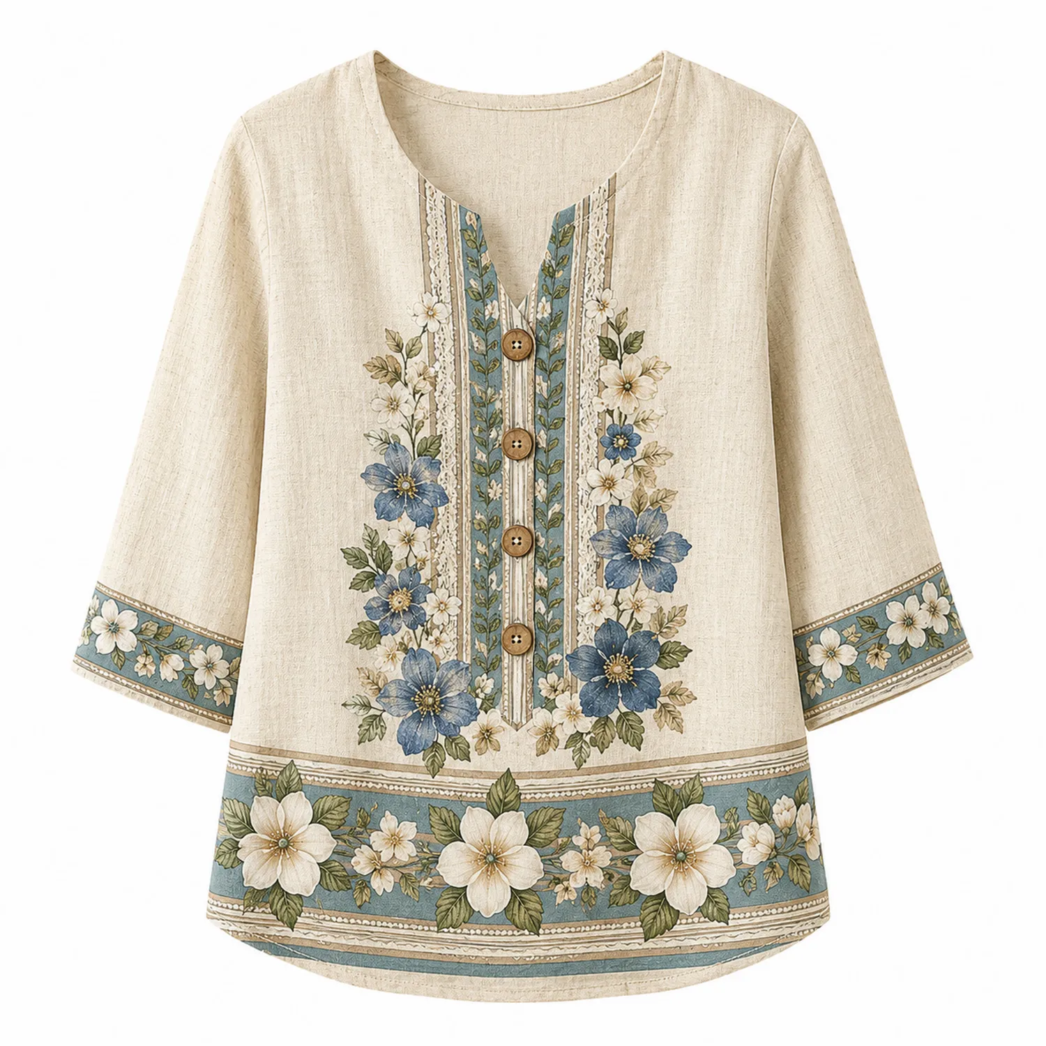 Camicia in Lino da Donna con Motivo Floreale e Maniche 3/4