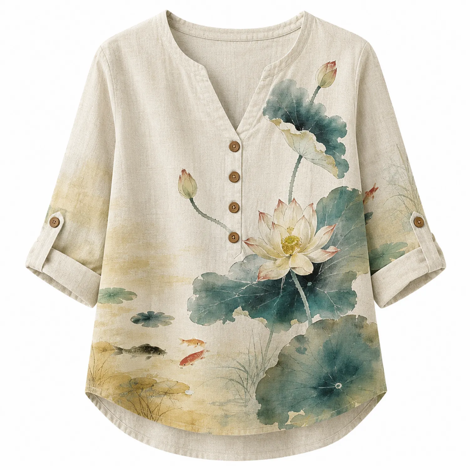 Camicia Lino Donna Maniche 3/4 Collo V Motivo Fiore di Loto
