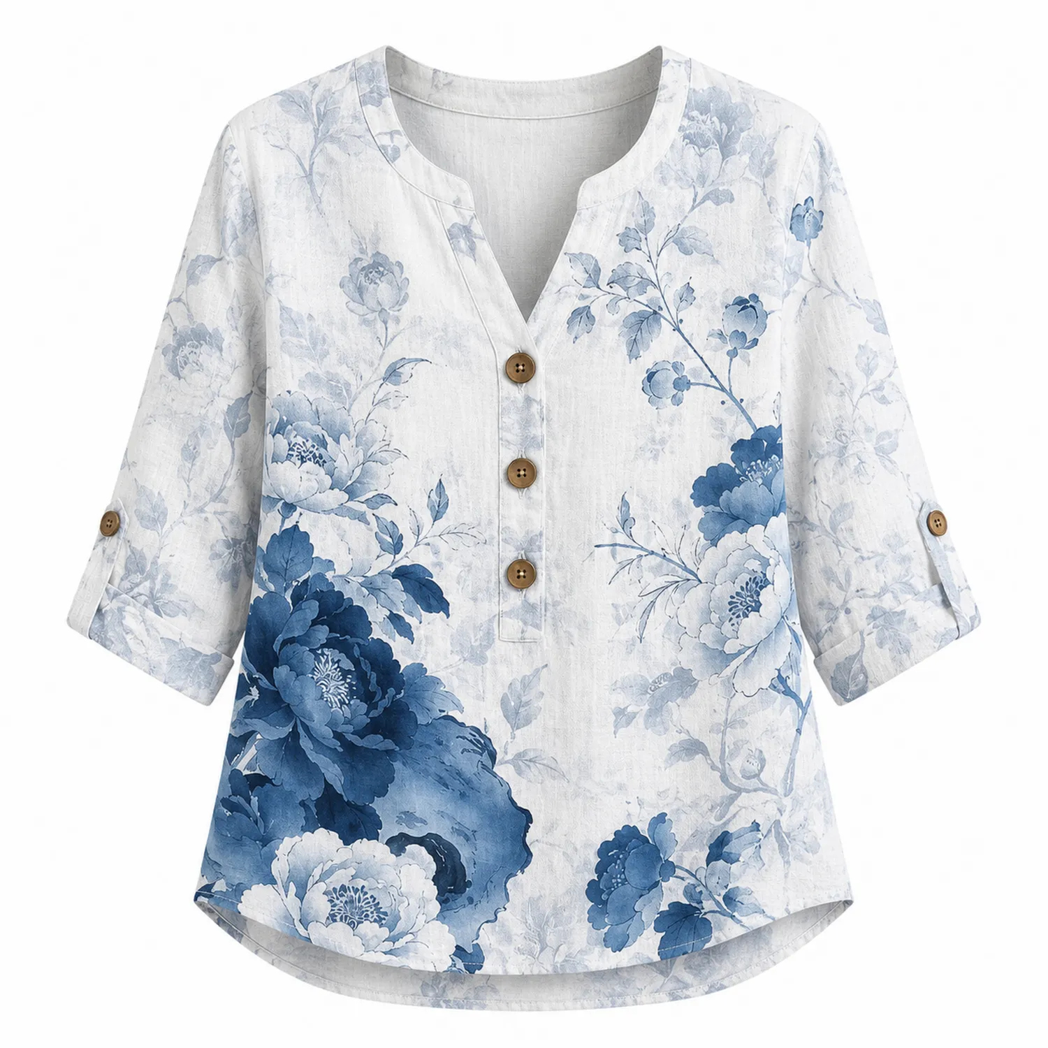 Camicia Donna in Lino con Stampa Peonia Blu S-4XL Manica 3/4