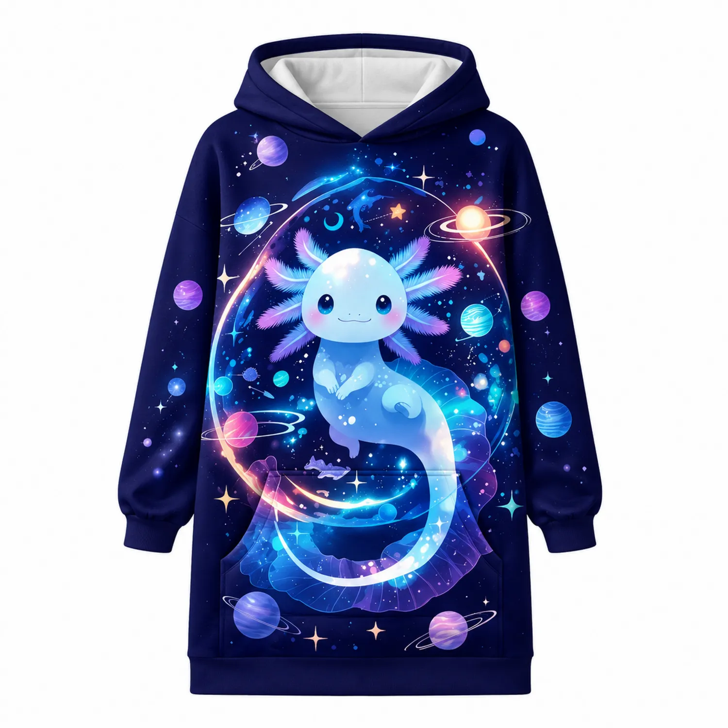Felpa con Cappuccio per Bambine Motivo Axolotl e Pianeti Spaziali