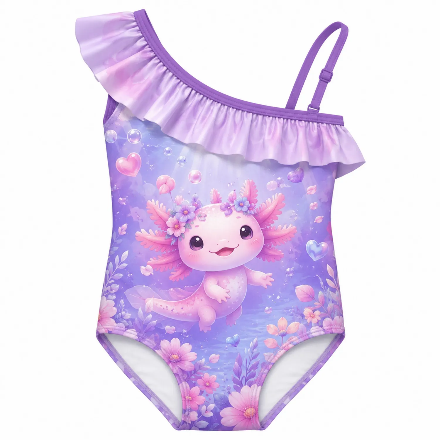 Traje de Baño de Niñas Axolote Flor de Cerezo de Una Pieza