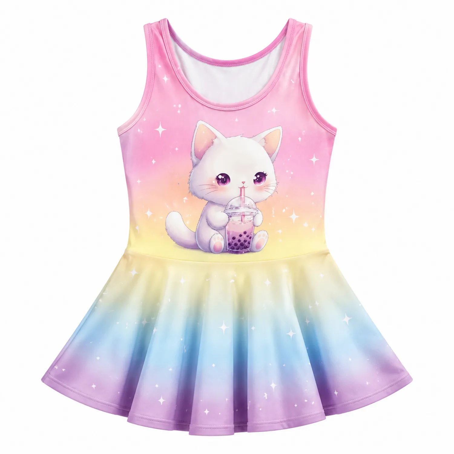 Vestido de Baño Niñas Gato Arcoíris con Té de Burbujas