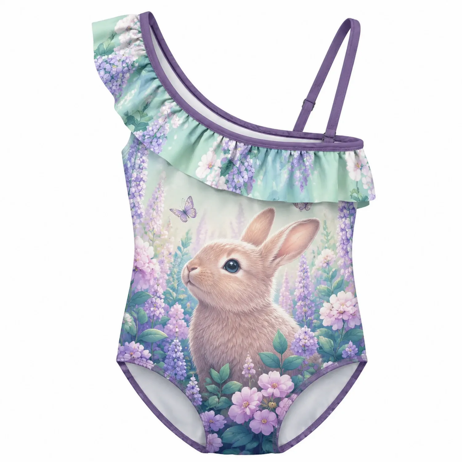 Traje de Baño Niña Una Pieza Conejo Flores Volante Asimétrico