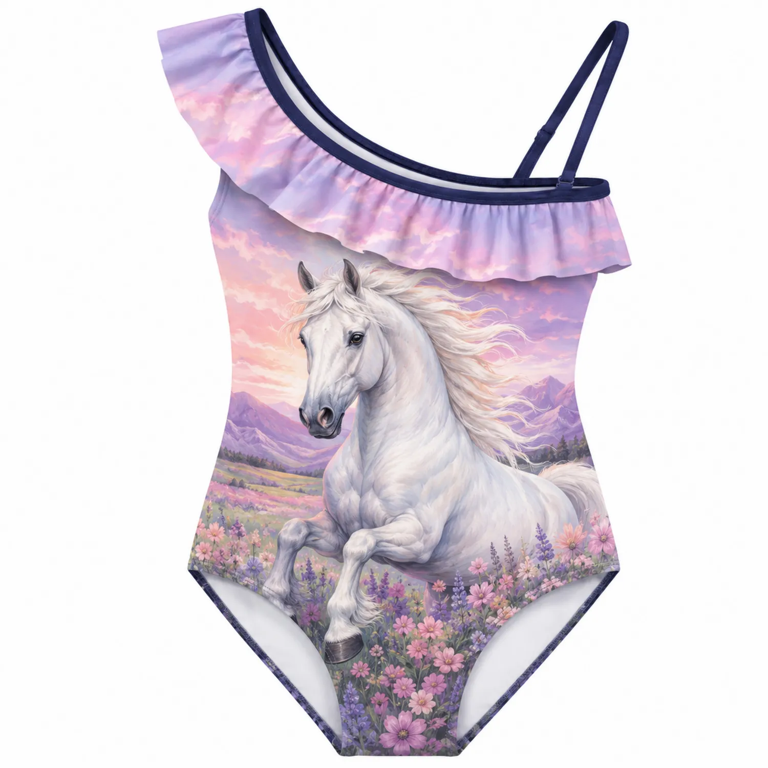 Bañador Niña Caballo Floral con Volante de Un Hombro
