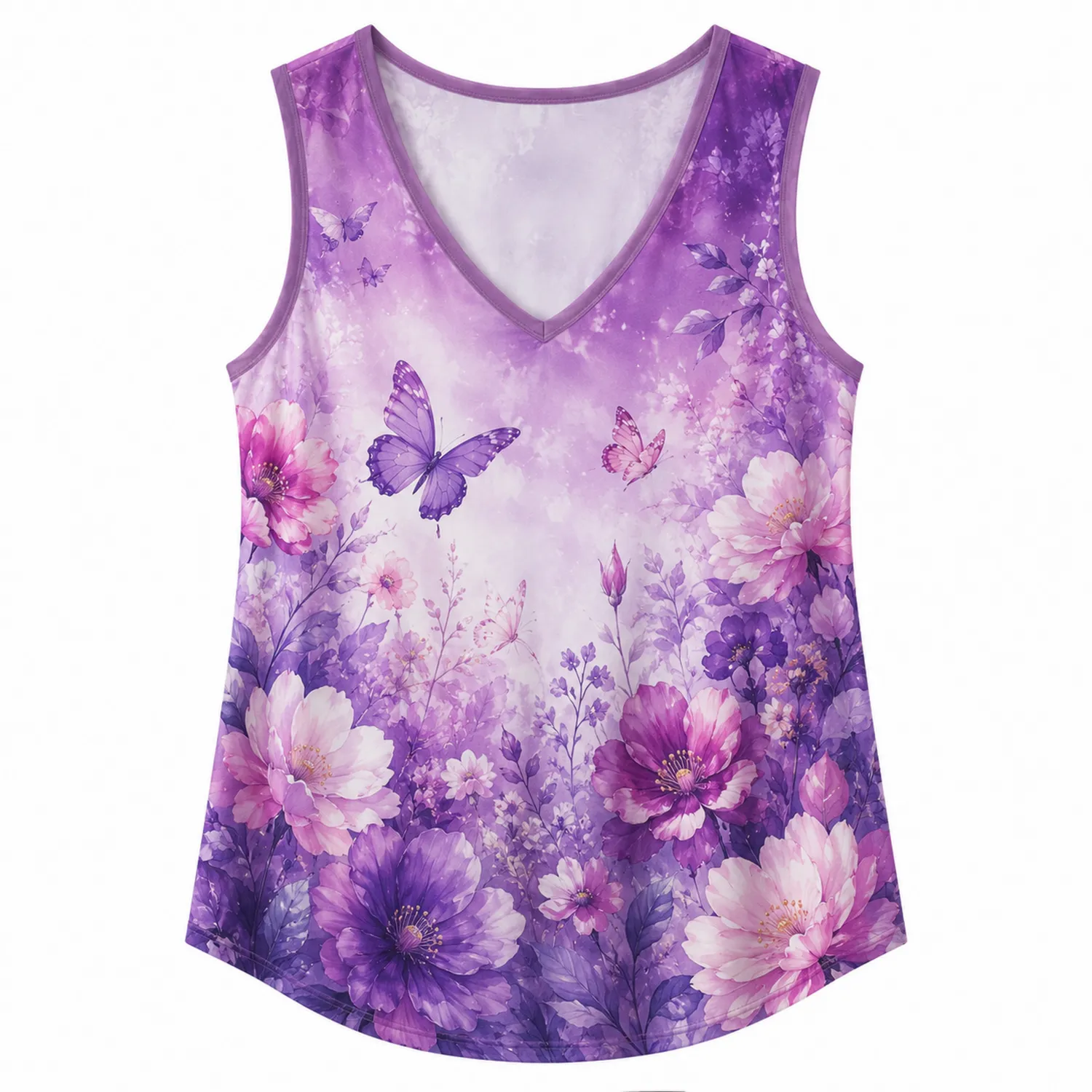 Camiseta sin Mangas para Mujer con Estampado Floral y Mariposas Violeta