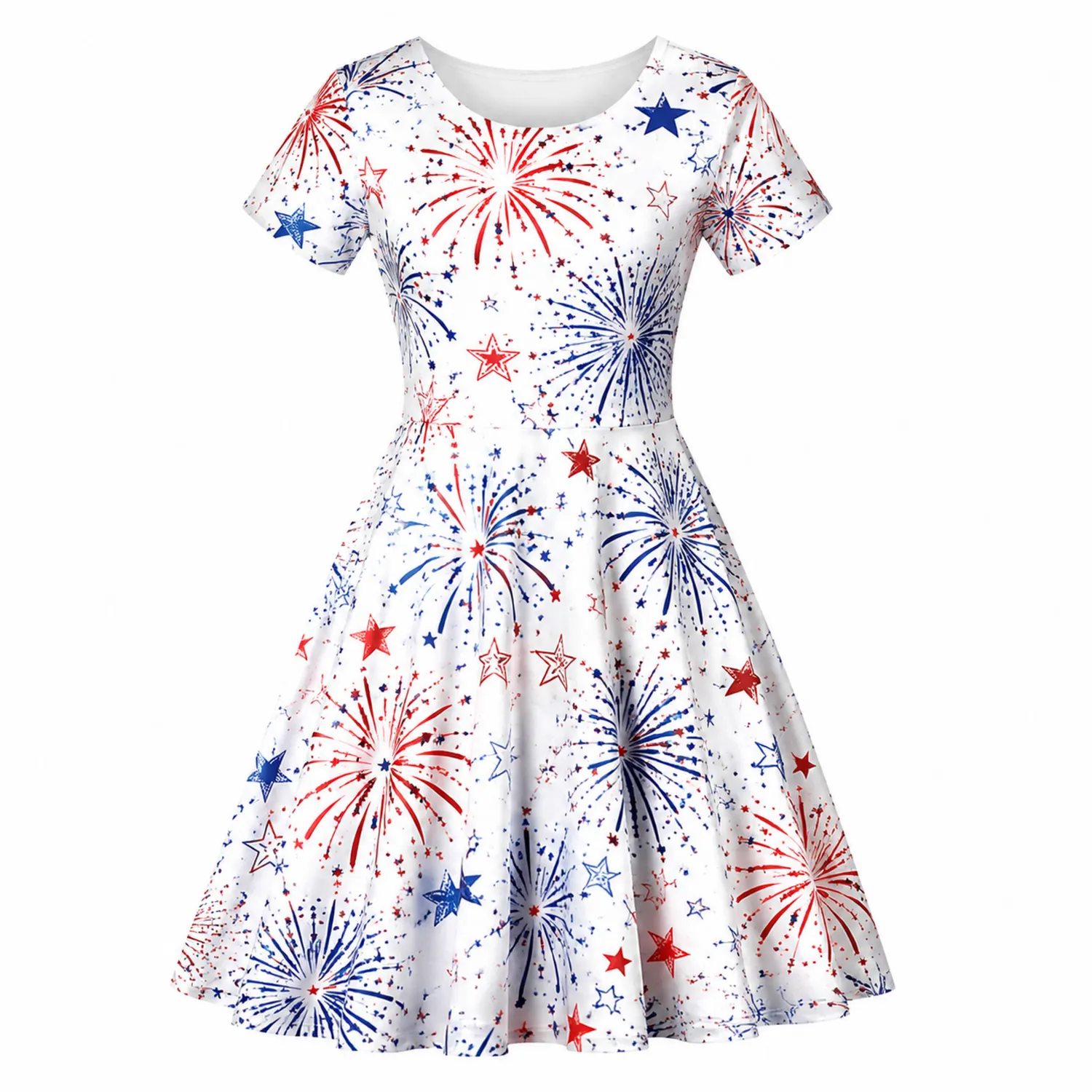 Vestido Blanco de Mujer Estampado de Fuegos Artificiales de Manga Corta
