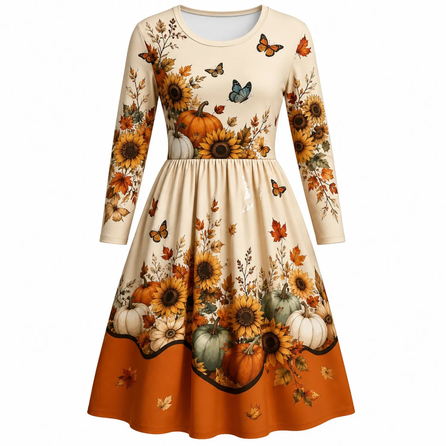 Vestido Largo Mujer Otoño Flores Girasoles y Calabazas