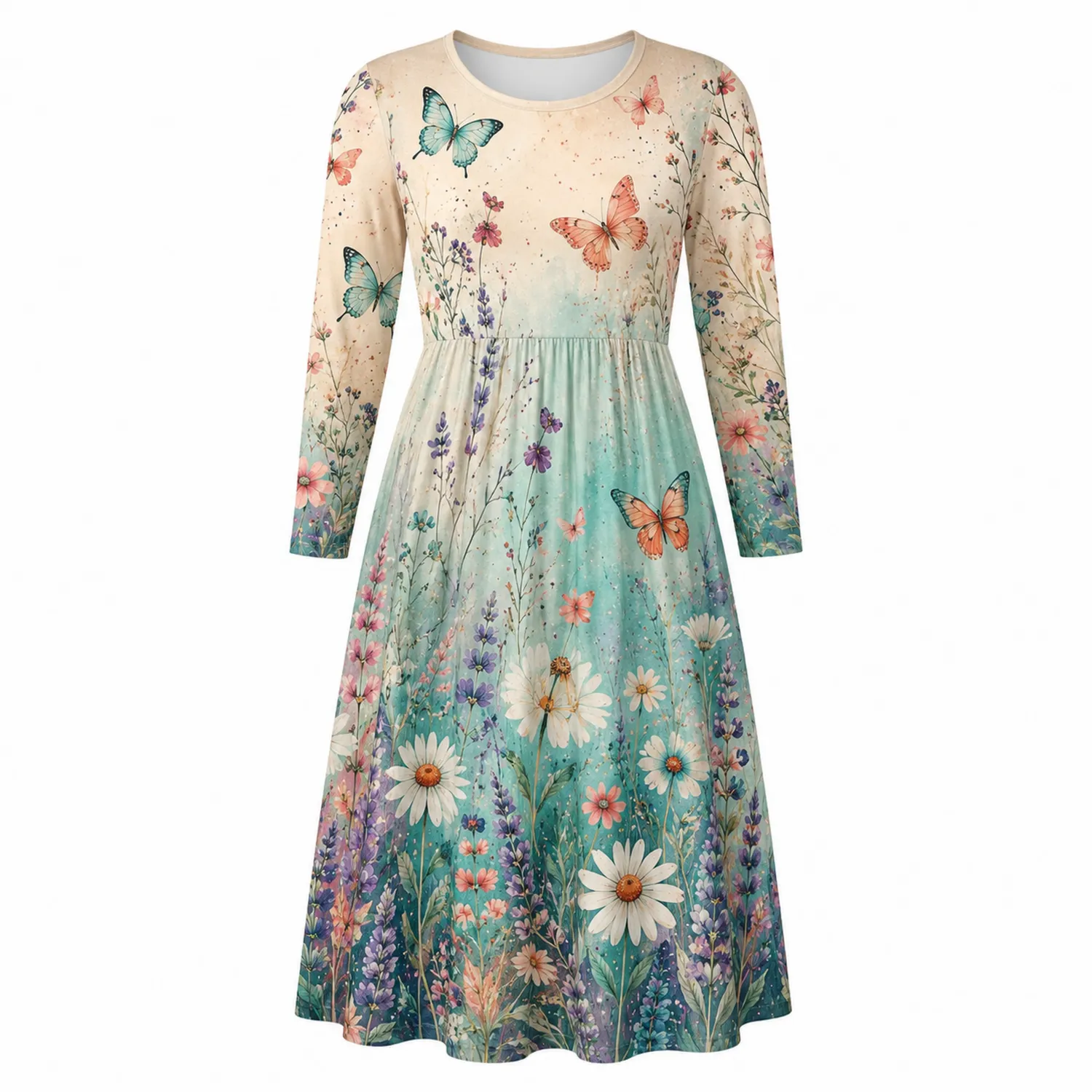 Vestido Largo Mujer Flores y Mariposas Manga Larga
