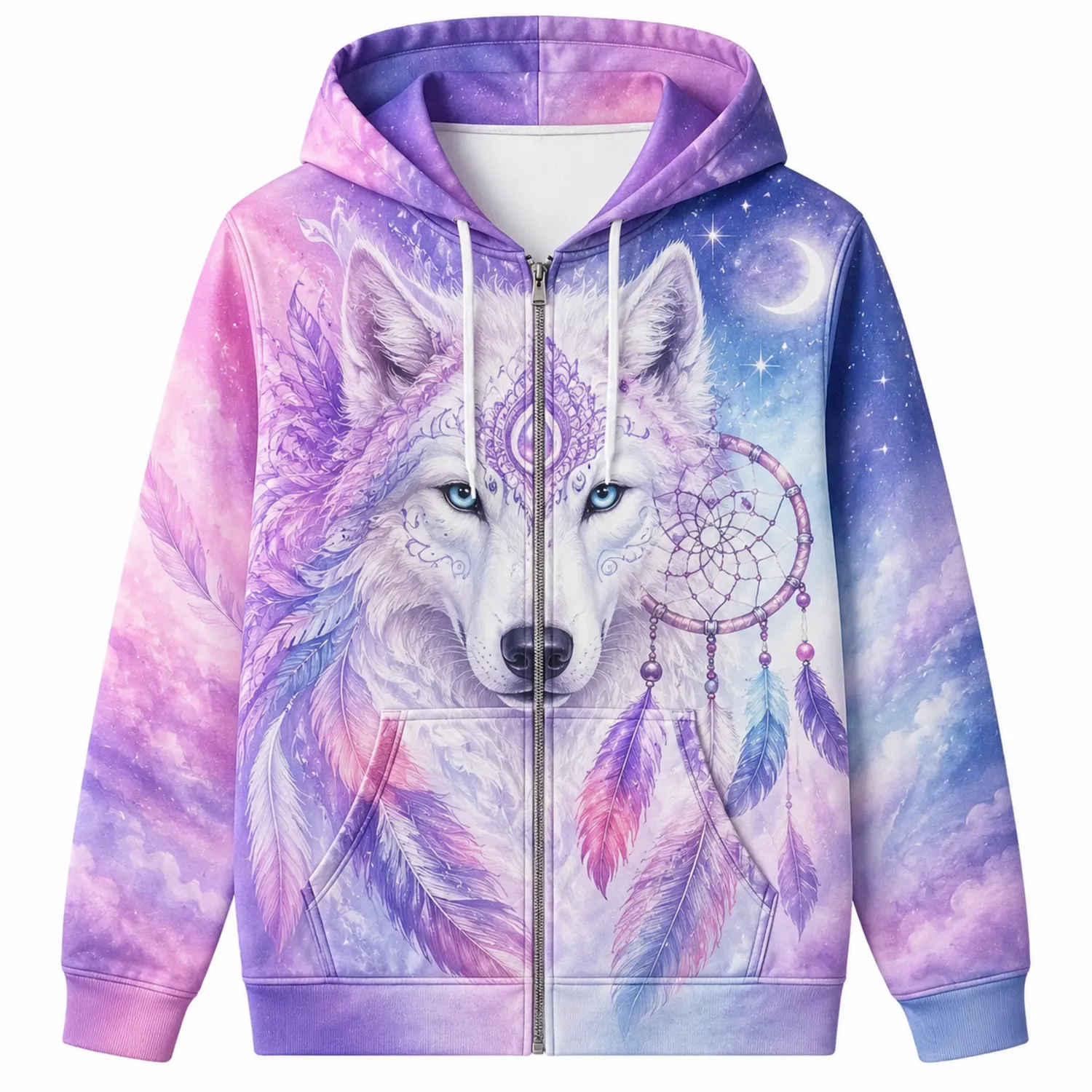 Sudadera con Capucha Lobo Soñador Galaxy con Cremallera Mujer