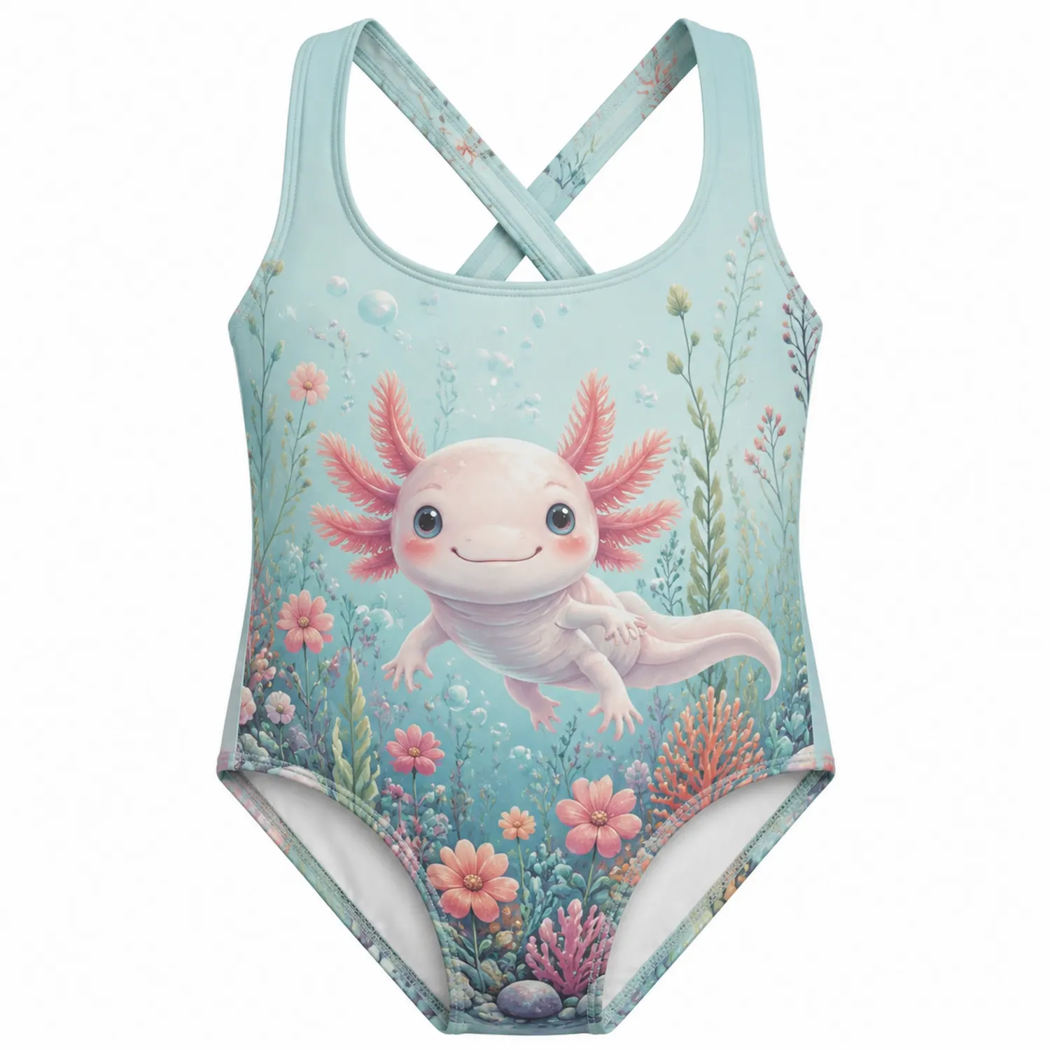 Traje de Baño Niñas Axolotl y Flores Una Pieza Espalda Cruzada