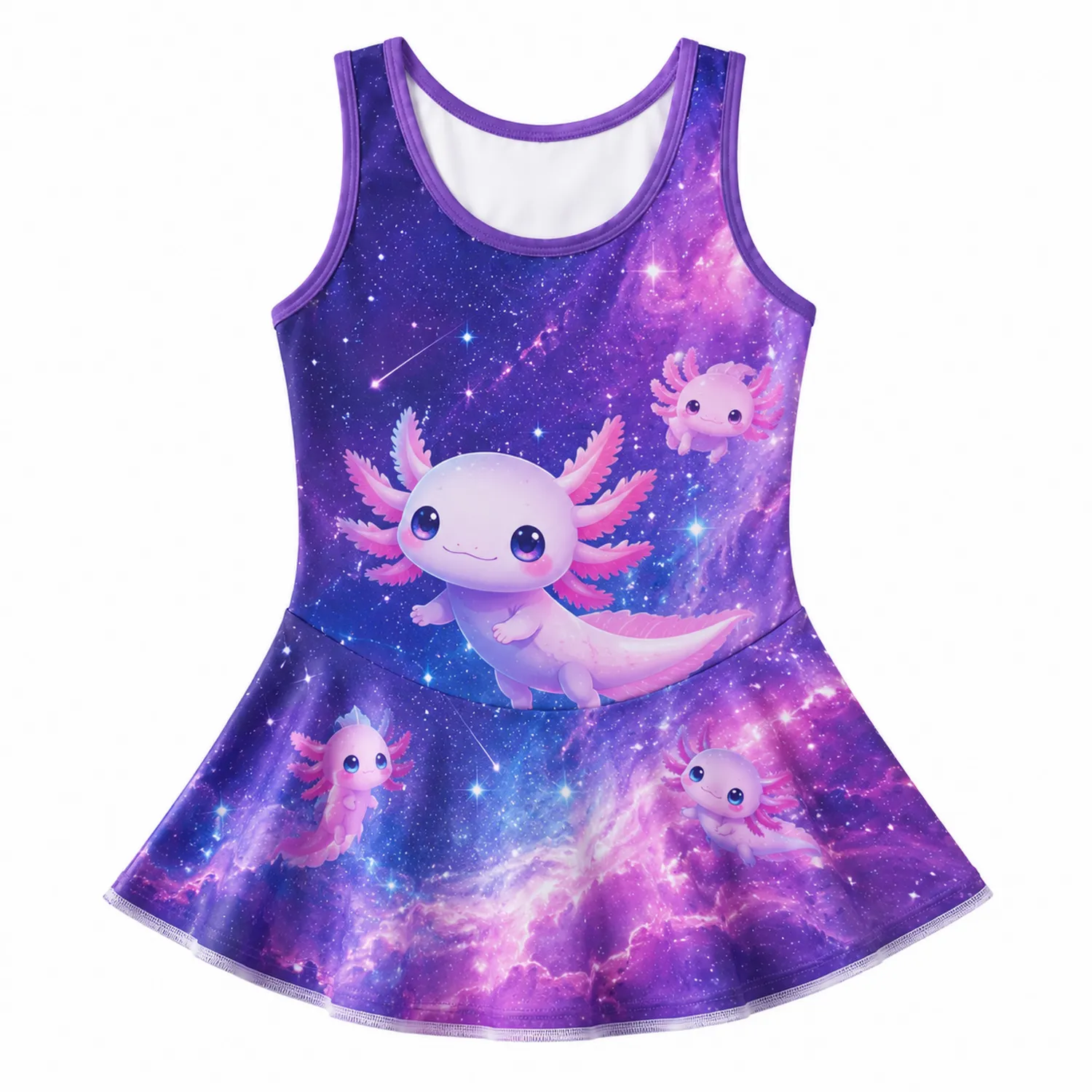 Traje de baño niña galaxia axolote morado con falda