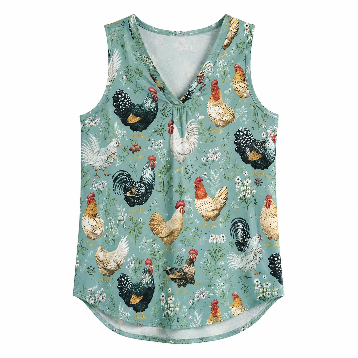 Camiseta sin Mangas Mujer Estampado Gallo y Flores Algodón Cuello V