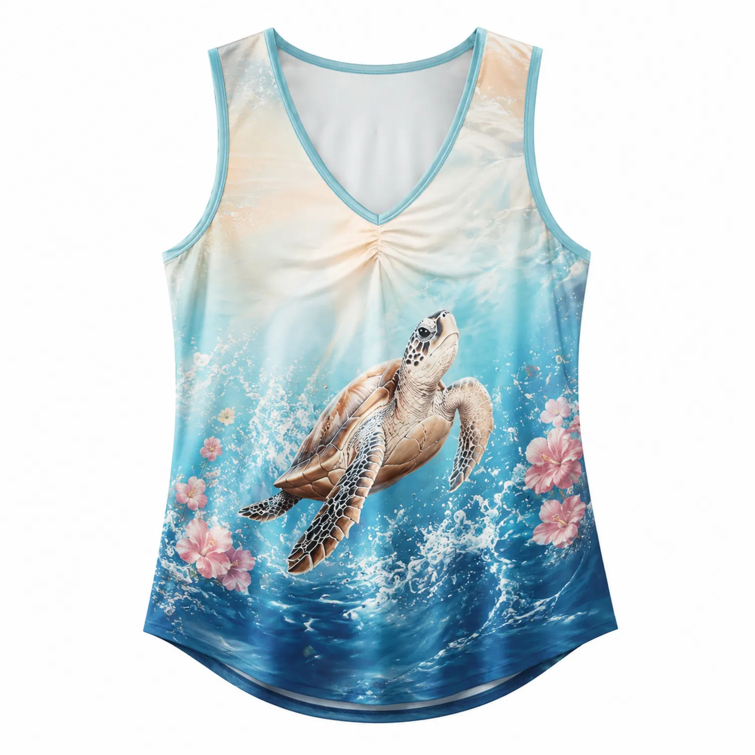 Camiseta sin Mangas Mujer Tortuga Marina V-Cuello Estampado Verano