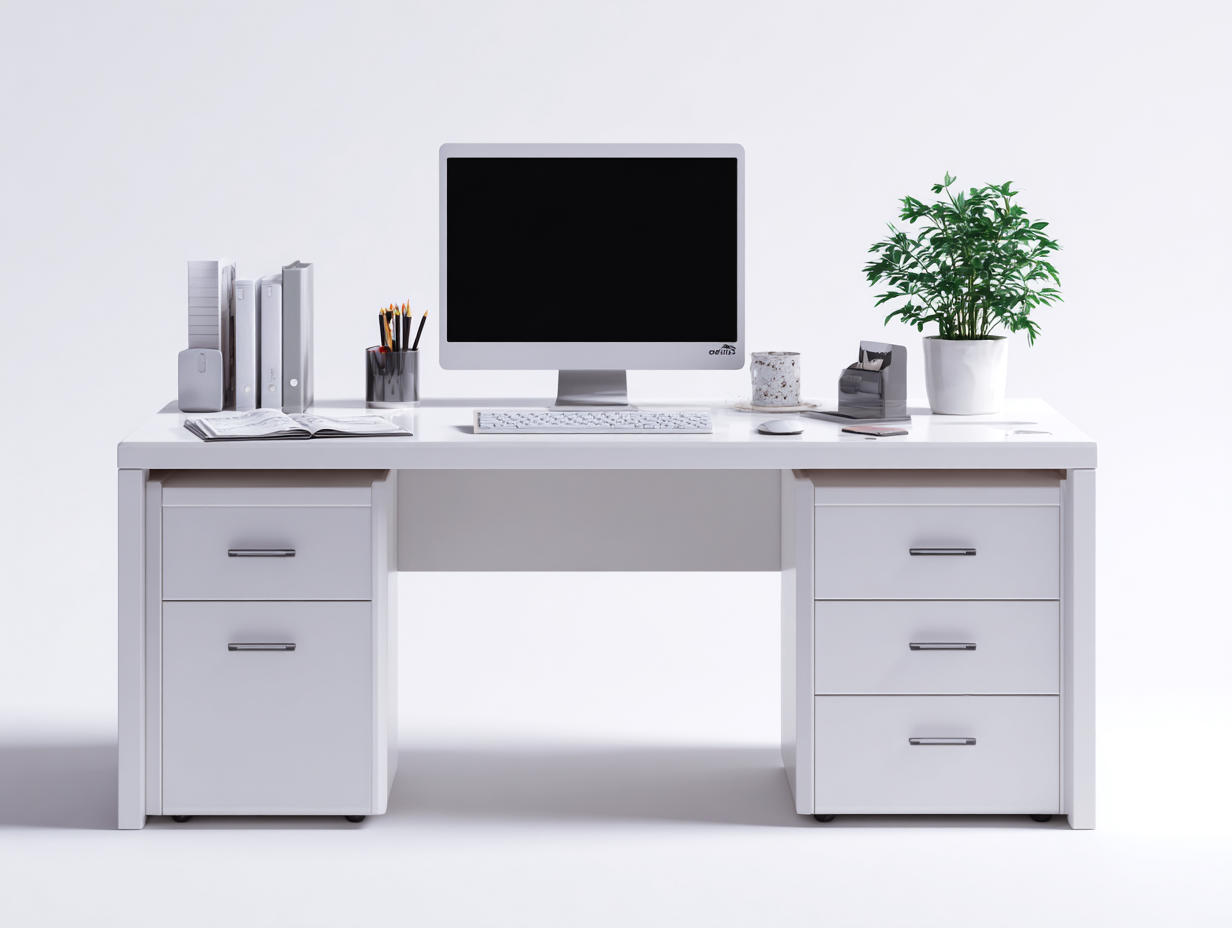 Mesas de oficina de madera 140x60x75 cm - color blanco - diseño moderno con 2 puertas y 3 cajones para despacho-Sonazidecor