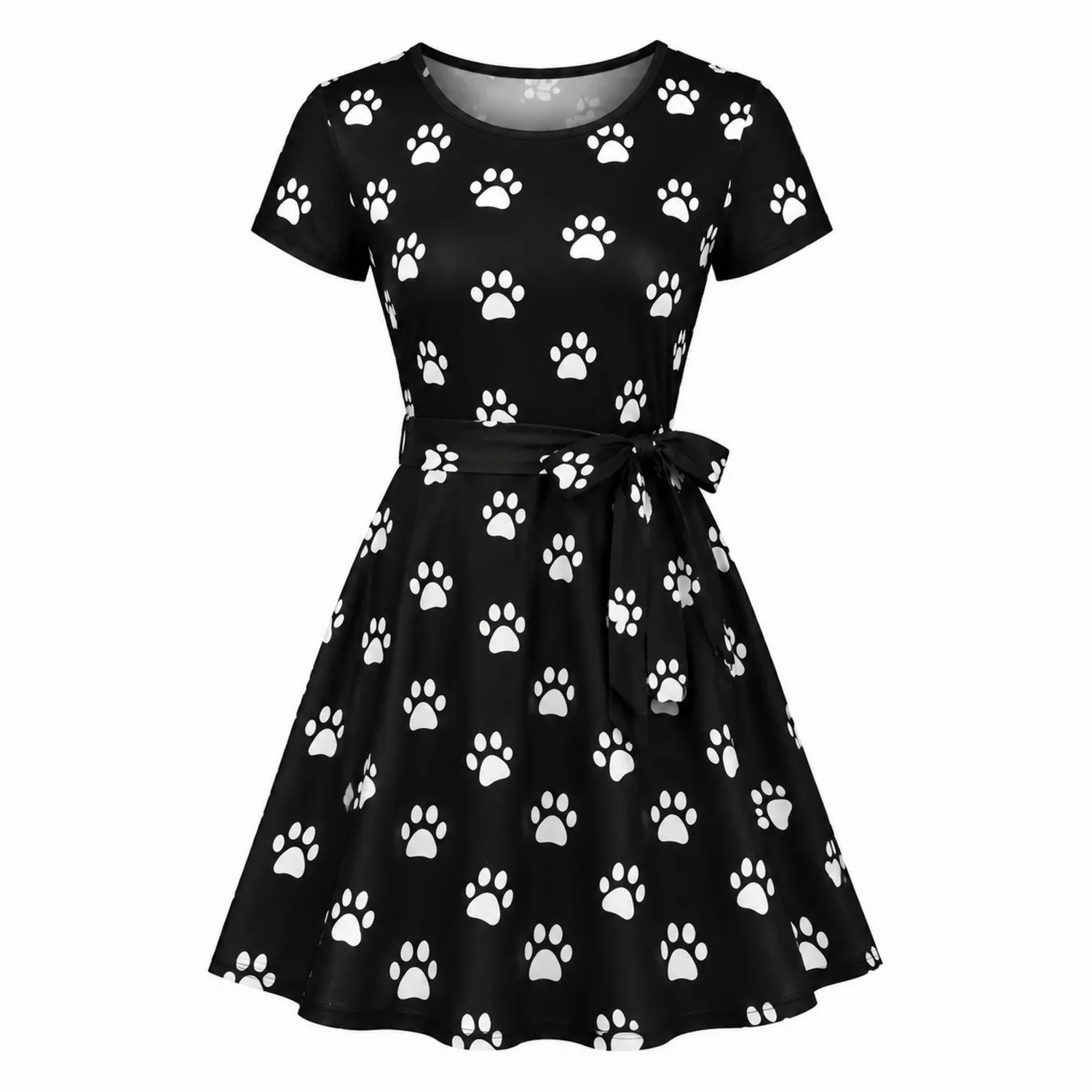 Robe T-shirt Femme Motif Empreintes Patte Chien Manches Courtes-nordichomeix