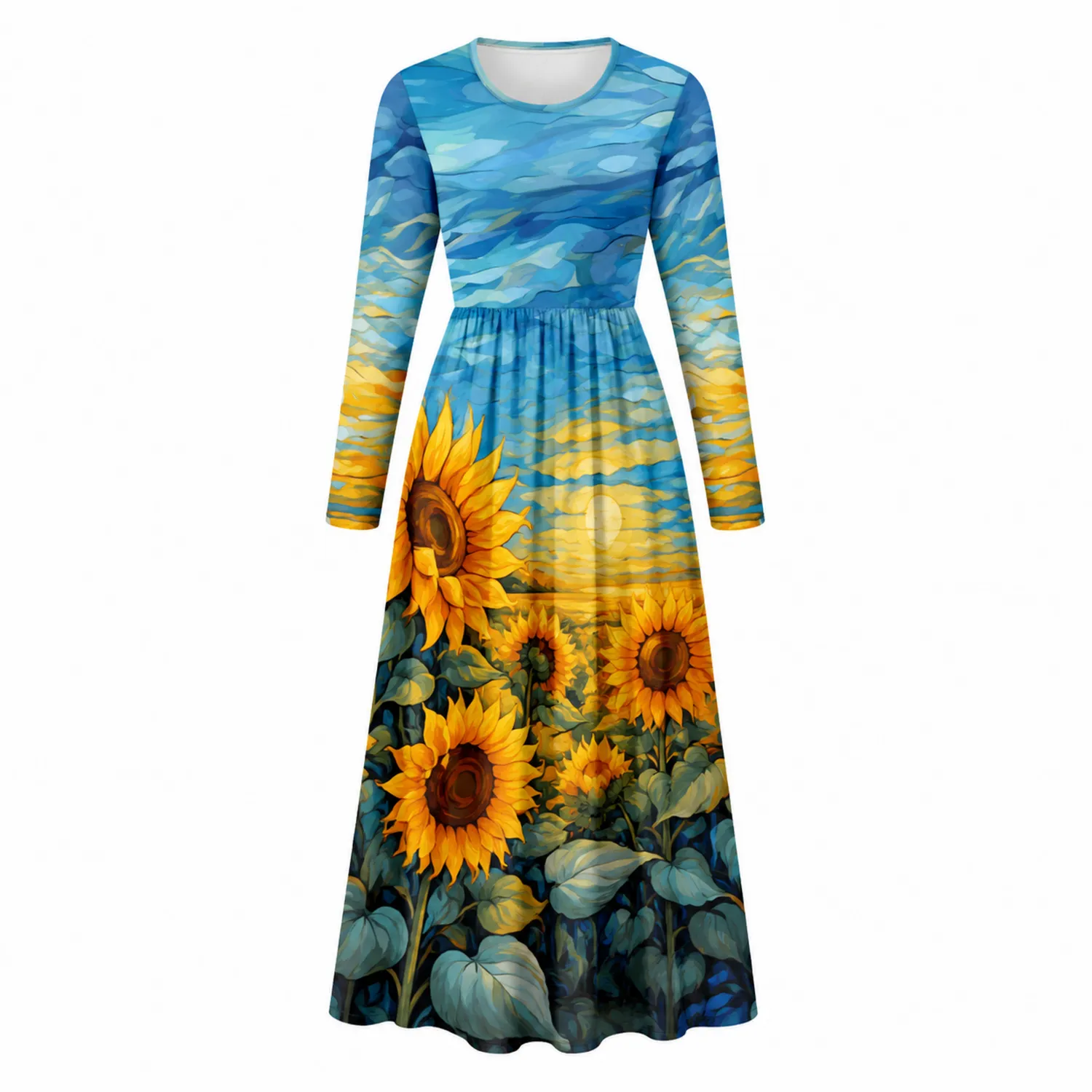 Robe Longue Imprimé Tournesol Manches Longues Femme-nordichomeix