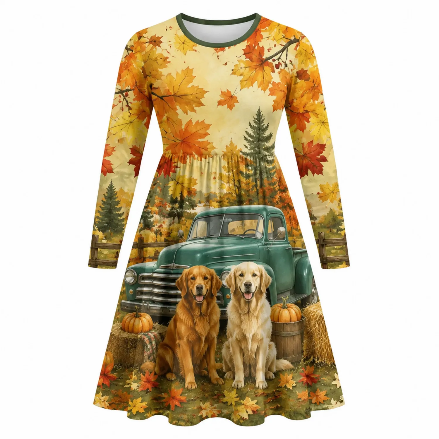 Robe Automnale Femme Feuilles et Chiens-nordichomeix
