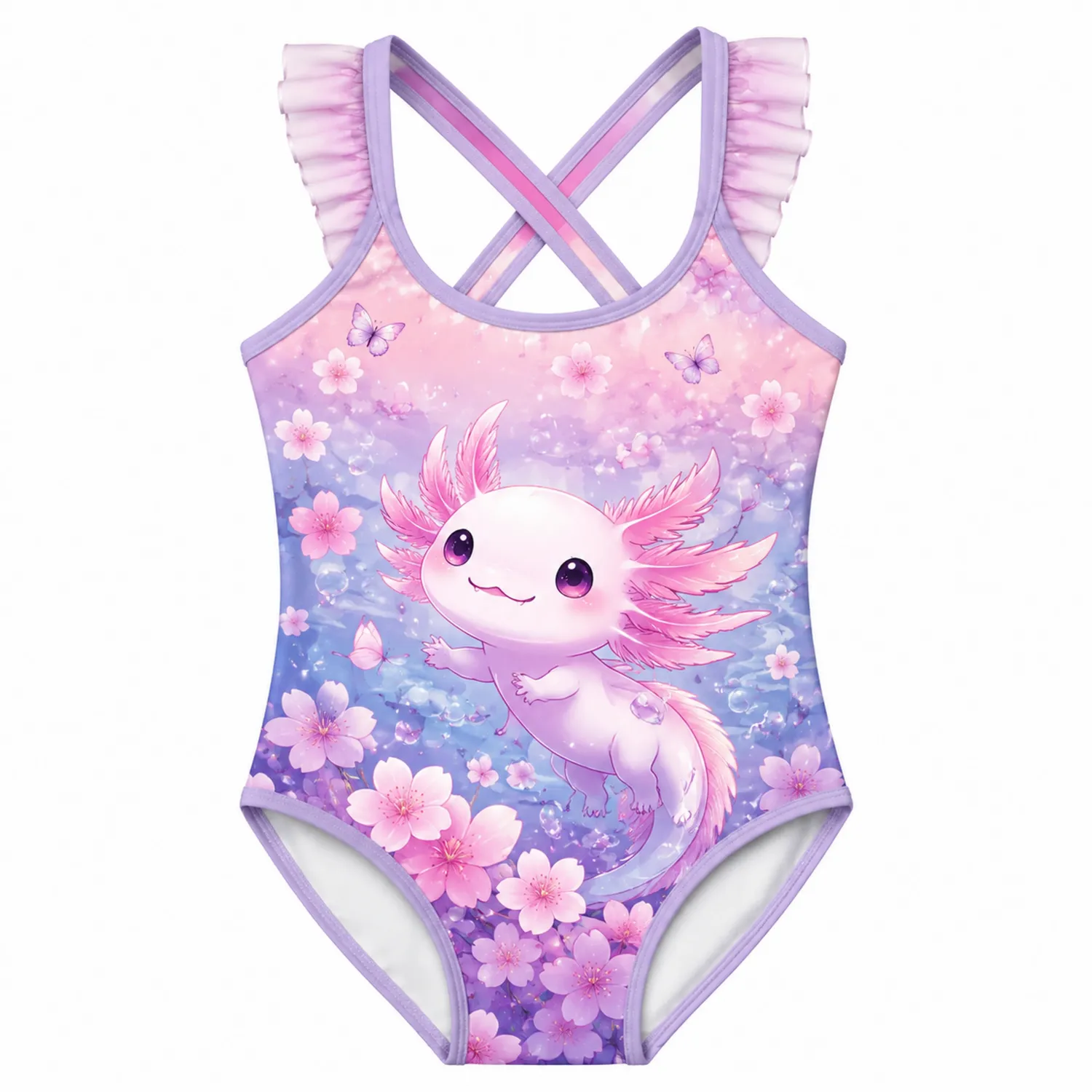 Maillot de Bain Fille Axolotl Fleur de Cerisier Une Pièce Dos Croisé-nordichomeix
