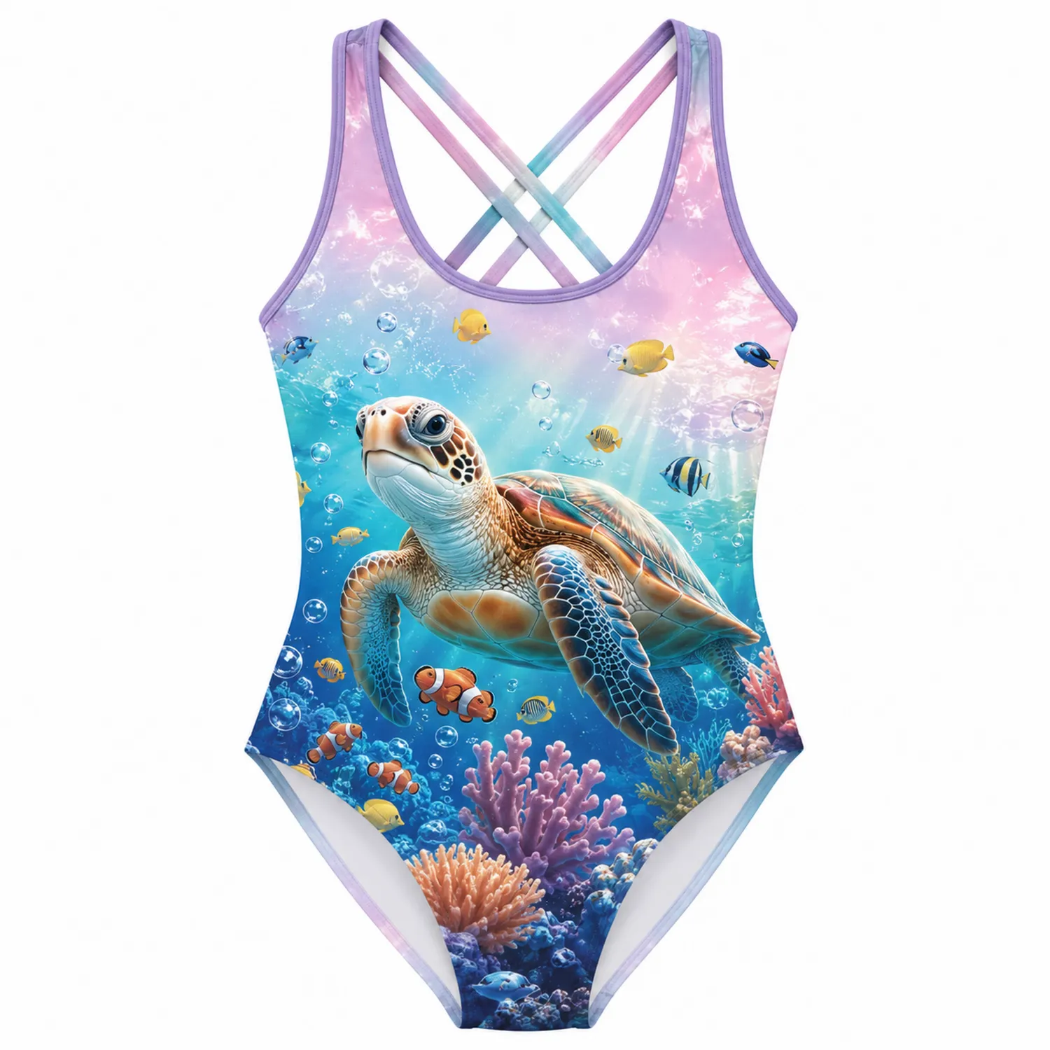 Maillot de Bain Une Pièce Fille Tortue de Mer Motif Croisé-nordichomeix