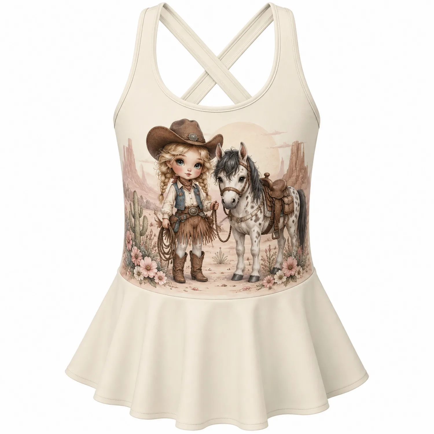 Maillot de Bain Fille avec Jupe et Motif Cowgirl Cheval-nordichomeix