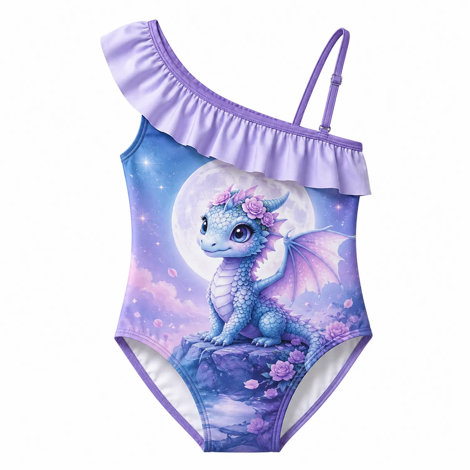 Maillot de Bain Enfant Dragon Lune Une Épaule à Volants-nordichomeix