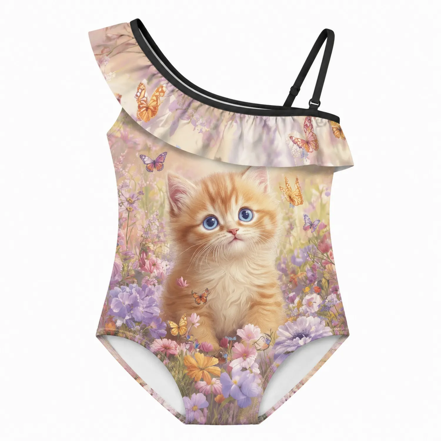 Maillot de Bain Fille une Épaule Motif Chat et Fleurs-nordichomeix