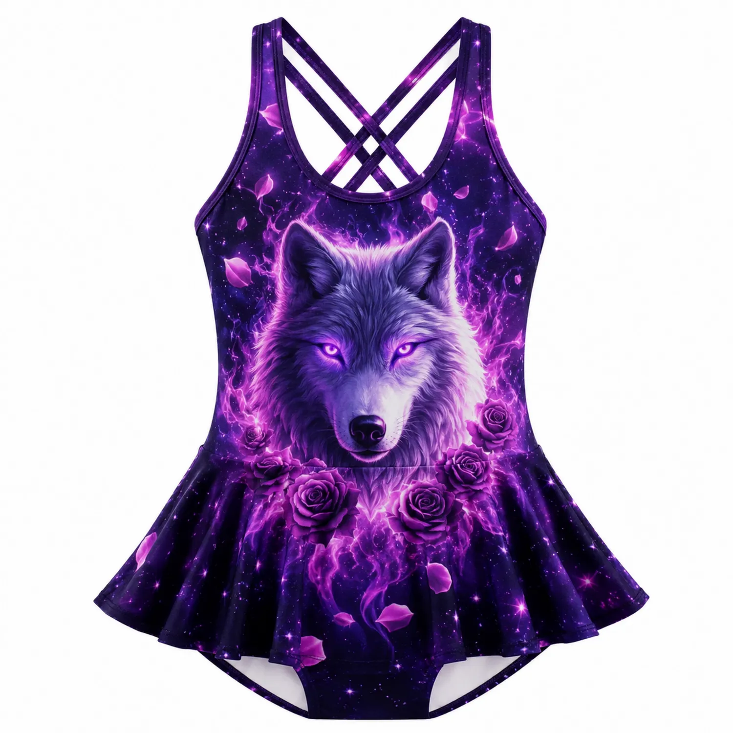 Maillot de Bain Fille Loup Rose Flammes Dos Croisé-nordichomeix