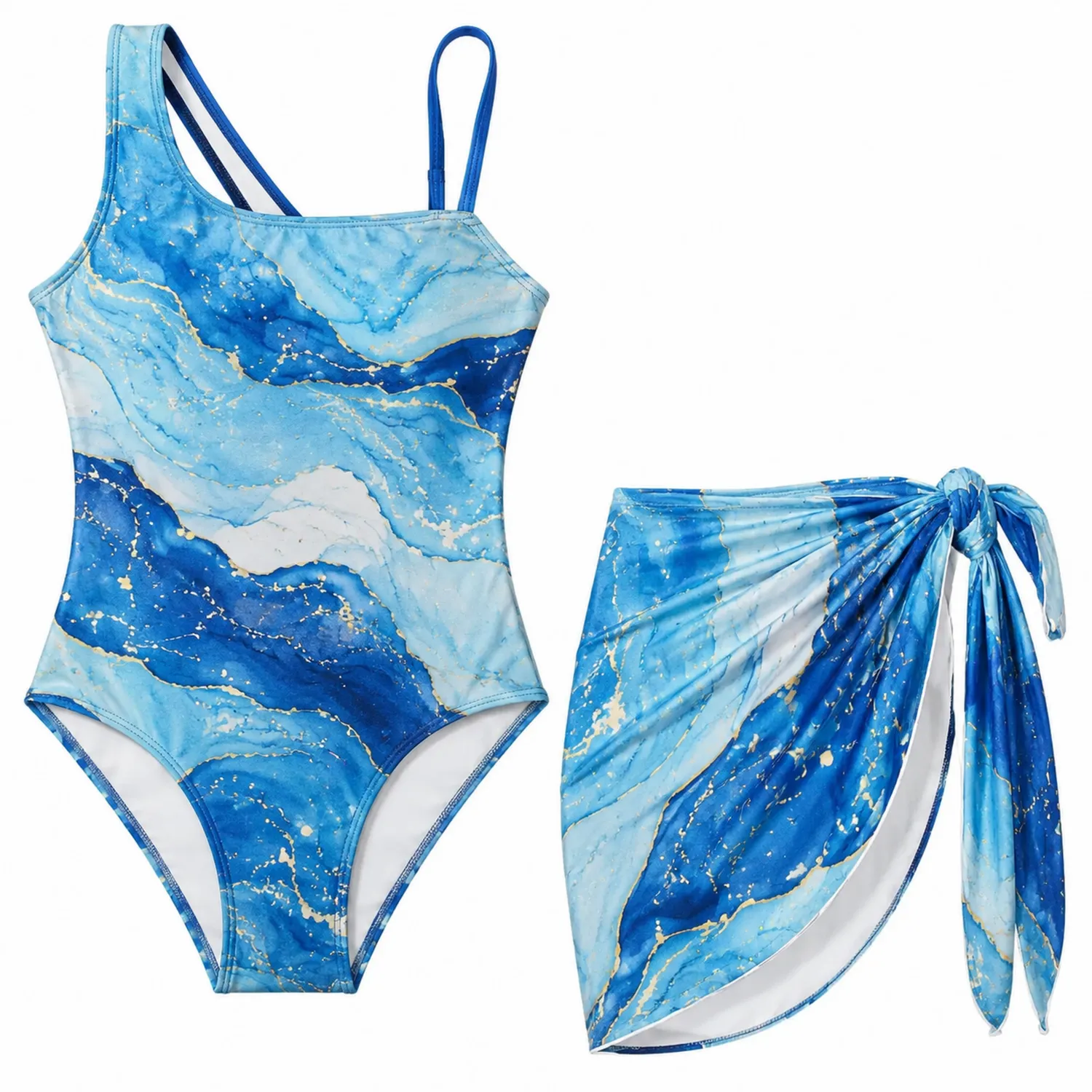 Maillot de Bain Fille Une Pièce Bleu avec Imprimé Marbré et Paréo-nordichomeix