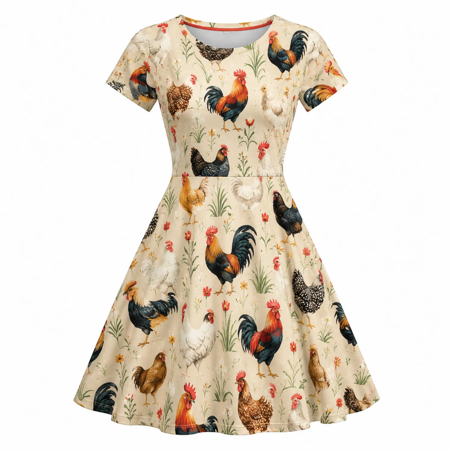 Vestido T-Shirt Mujer Estampado de Gallinas Manga Corta-Spacilor