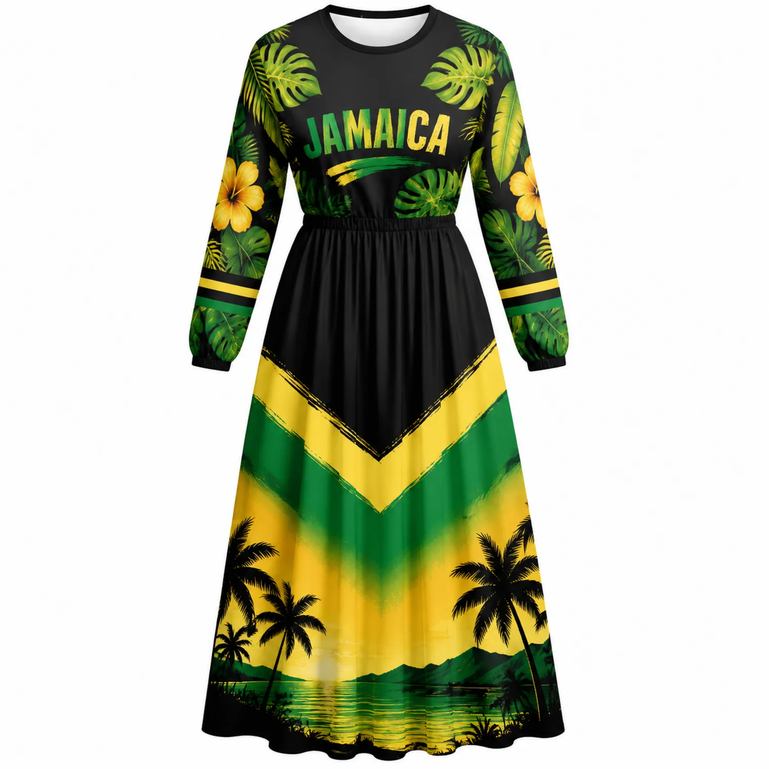 Vestido Largo Mujer Estampado Bandera Jamaica Manga Larga-Spacilor