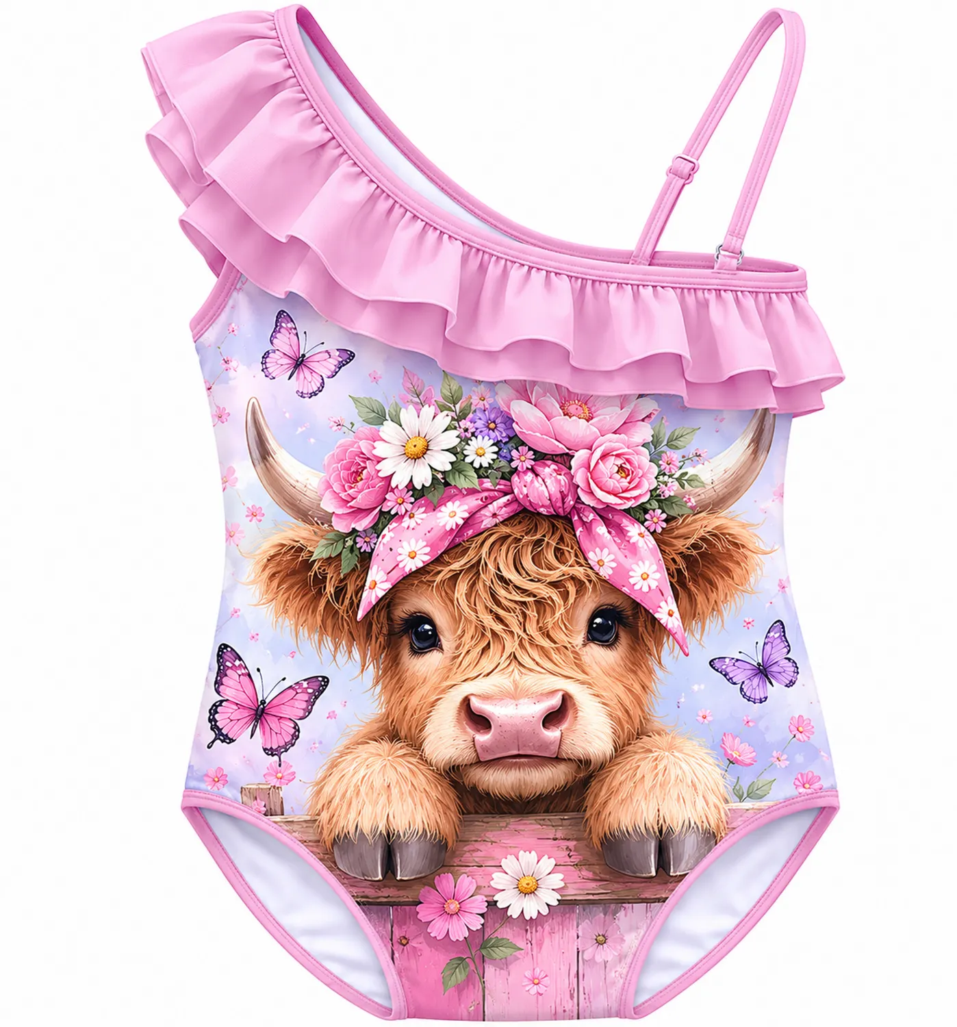 Traje de Baño Niña Vaca Highland Flores Mariposas Un Hombro-Spacilor