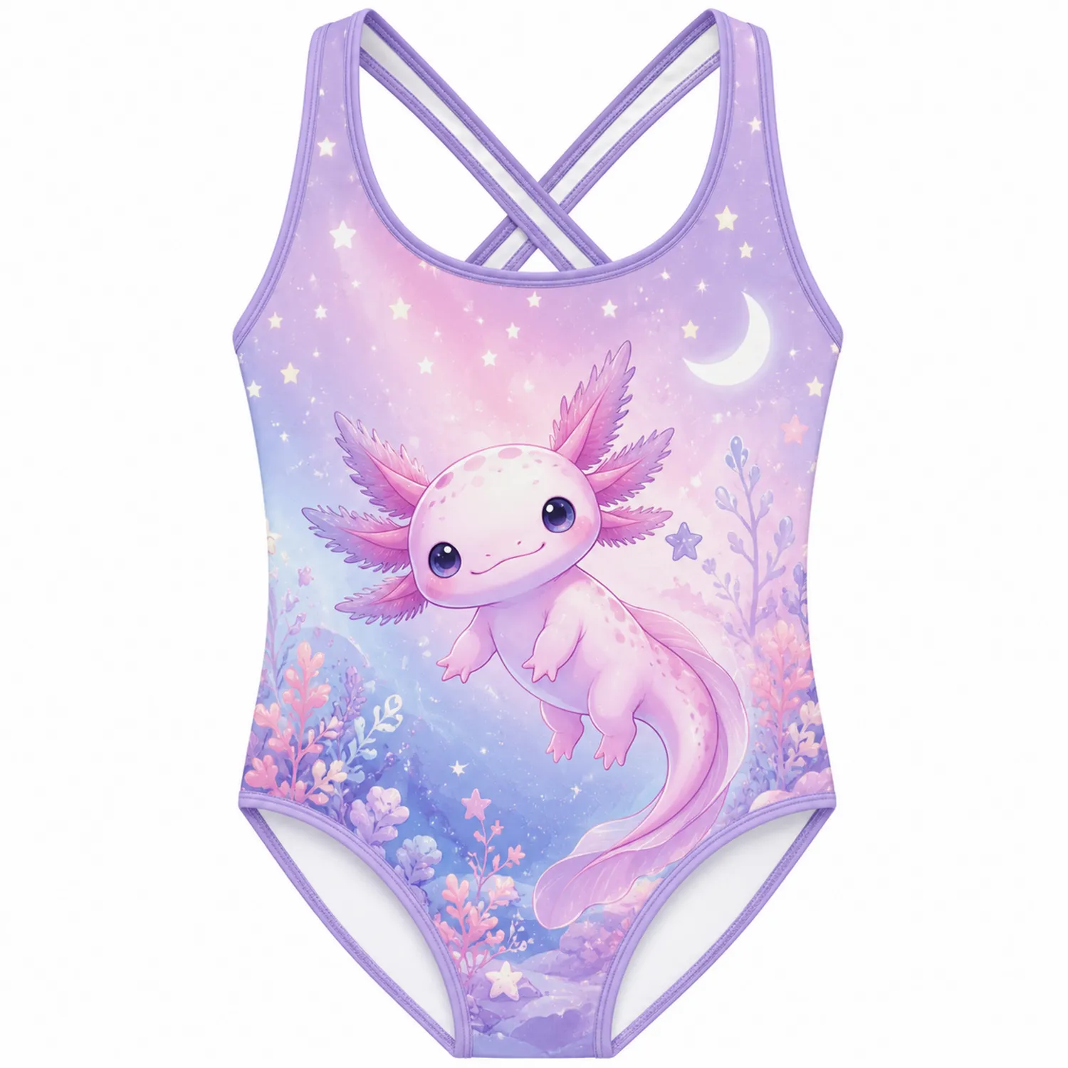 Traje de Baño Niña Axolote Galaxia Púrpura Una Pieza Espalda Cruzada-Spacilor