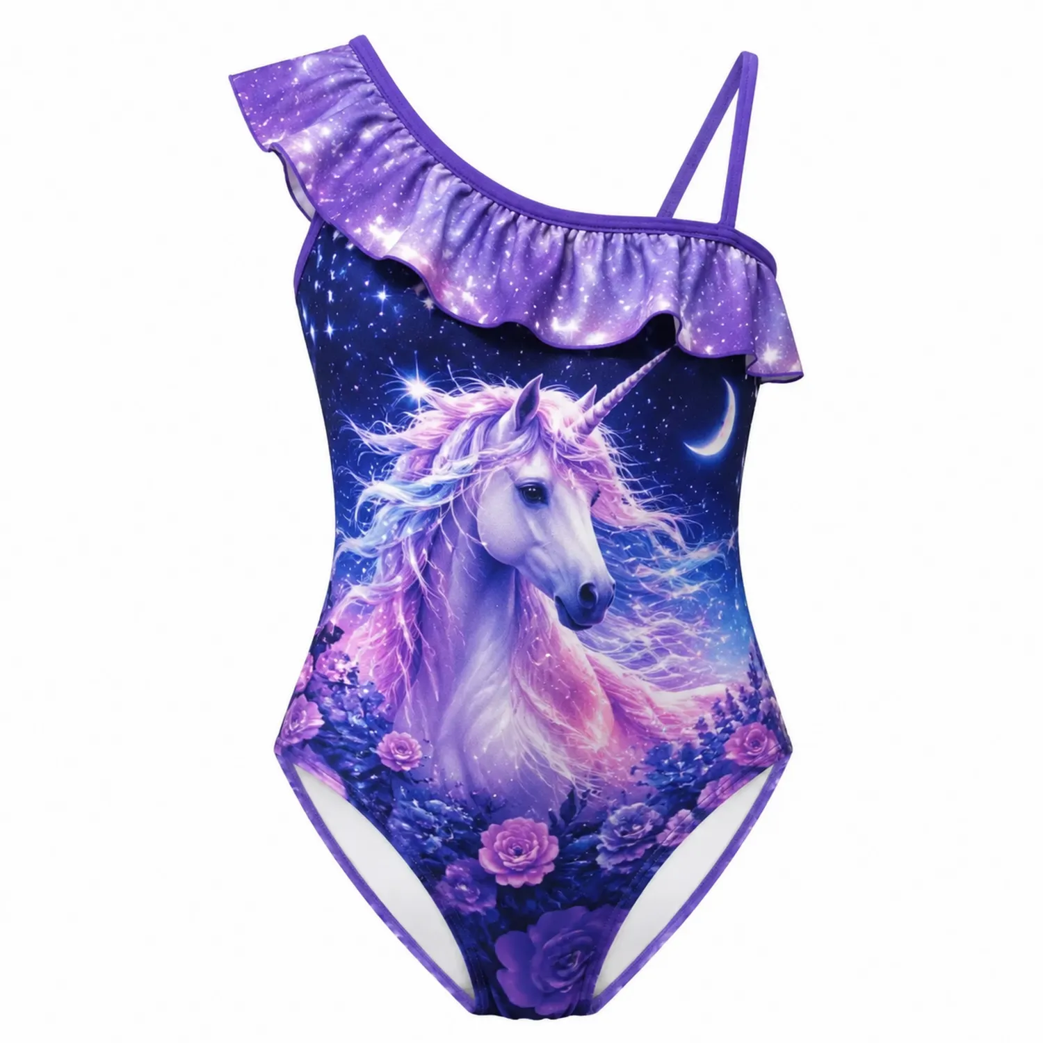 Traje de Baño de Niñas con Estampado de Unicornio y Volante en un Hombro-Spacilor