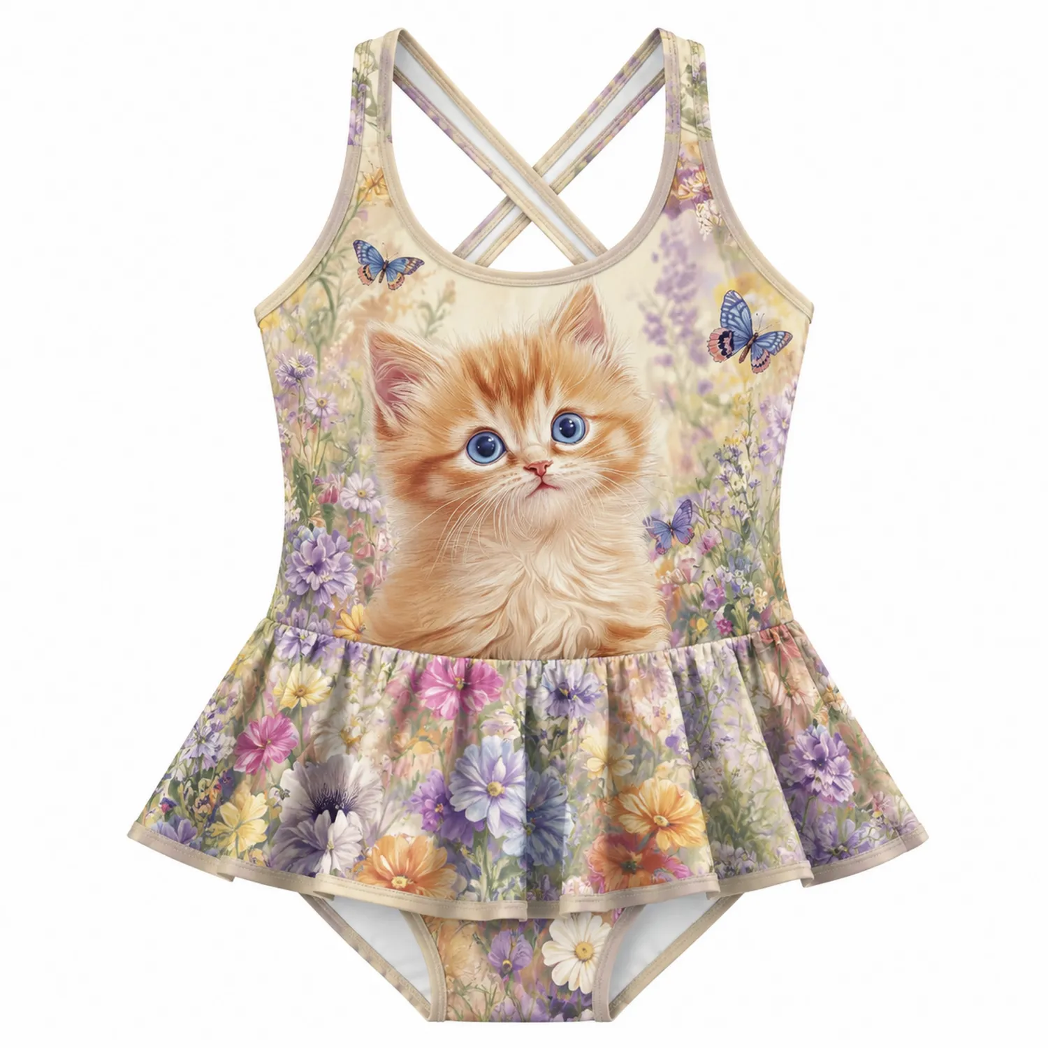 Traje de Baño Niñas Gato Flores Una Pieza con Cruzado Espalda-Spacilor