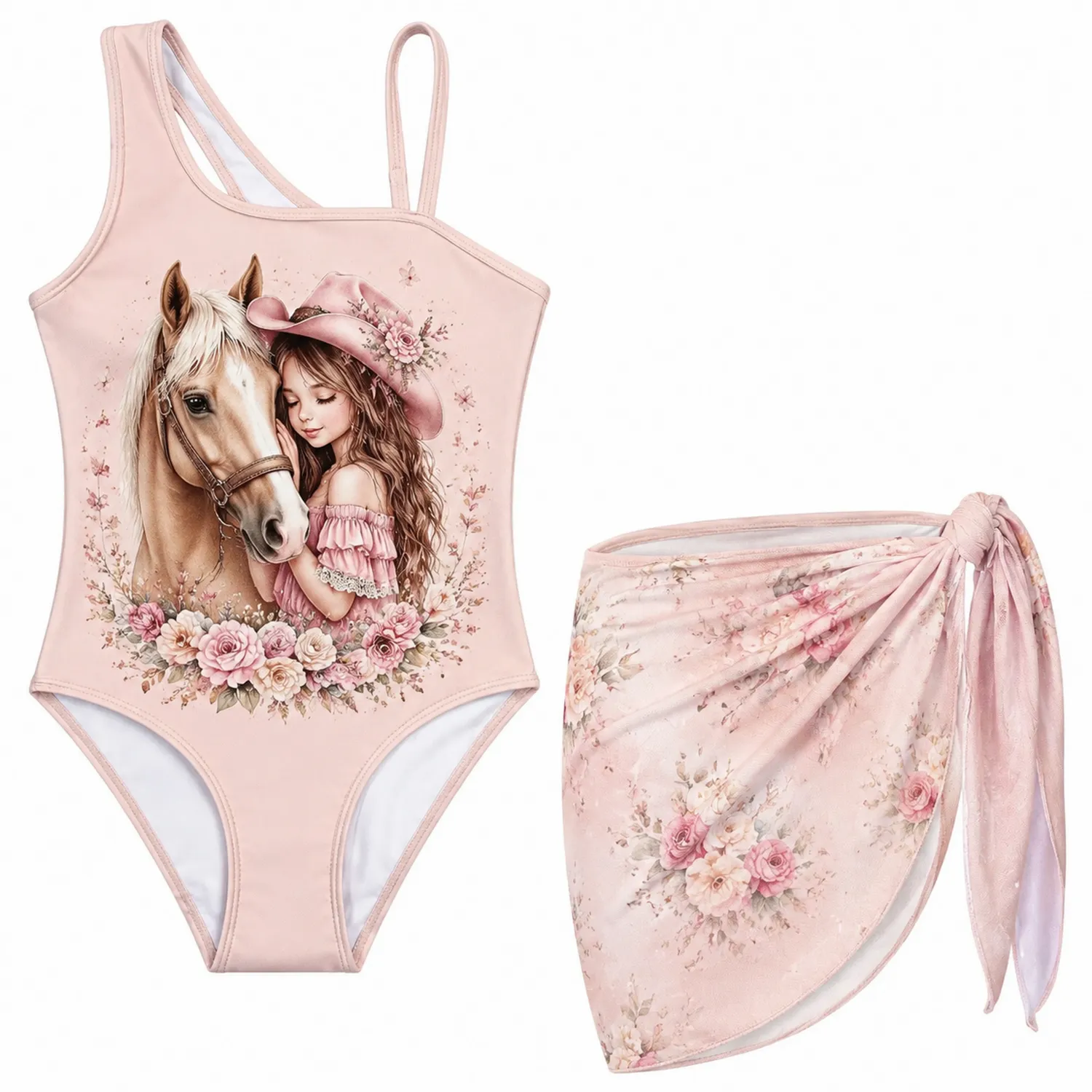 Traje de Baño Niña Estampado Vaquera y Caballo con Cubre-Spacilor