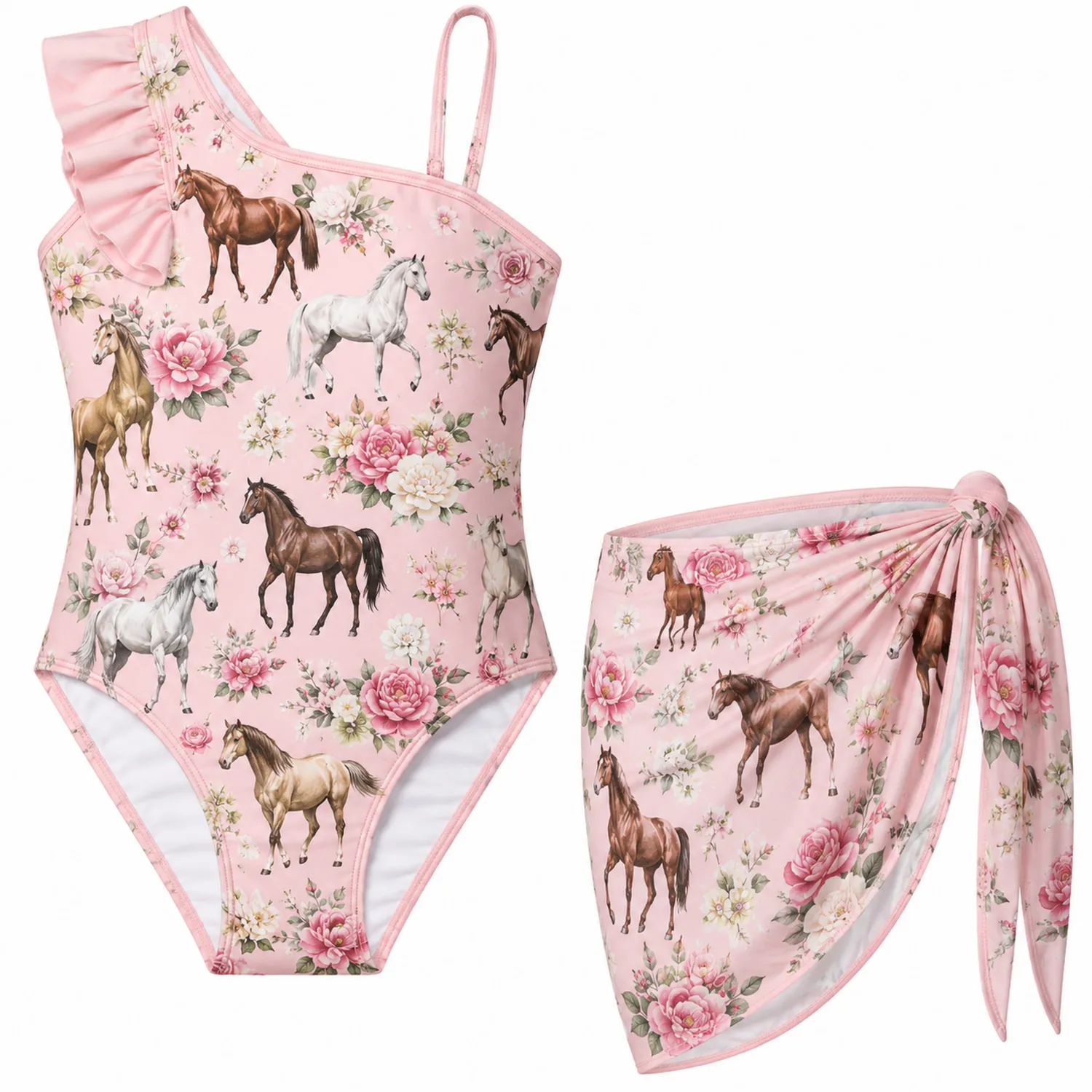 Traje de Baño Niña Una Pieza Caballo Flores con Cubierta-Spacilor