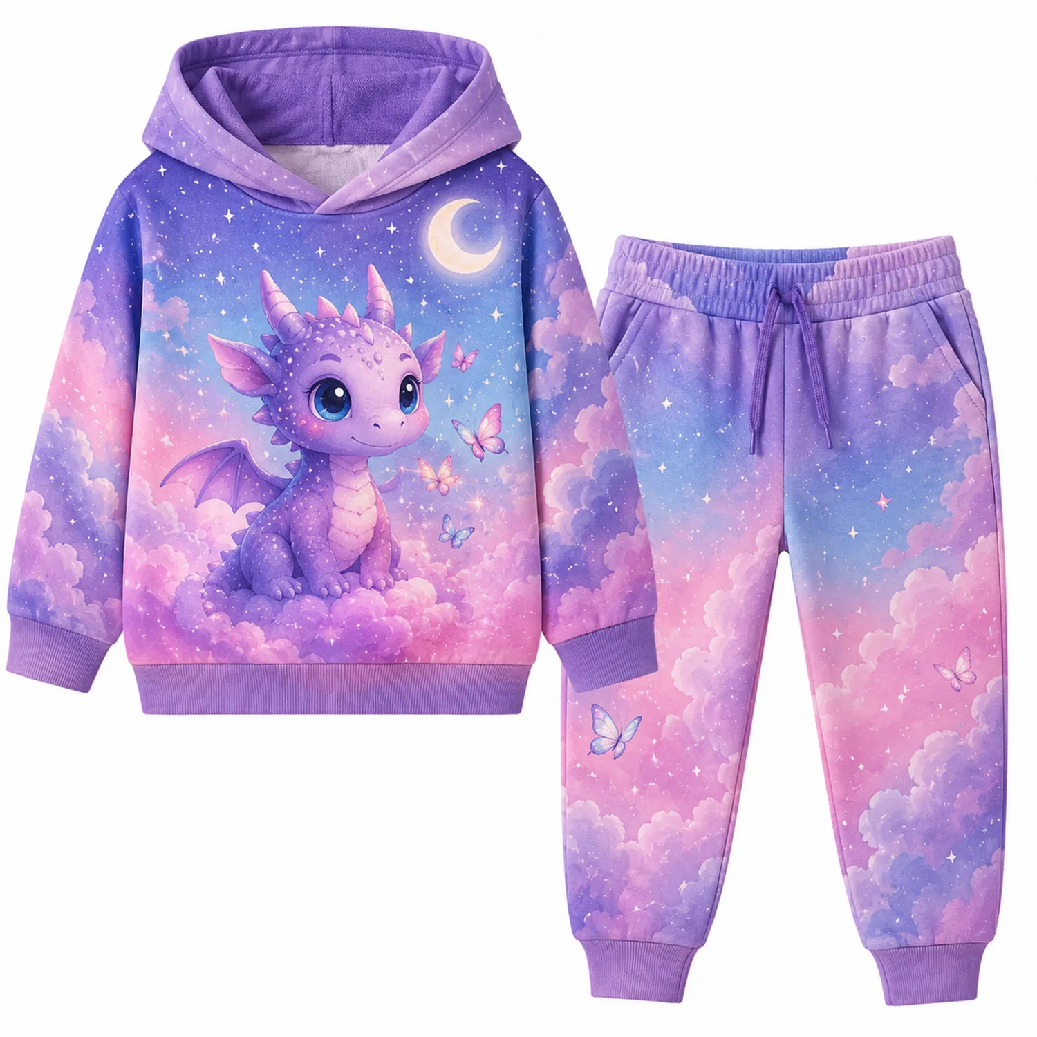Conjunto de Sudadera y Pantalones para Niñas Estampado Dragón y Mariposas-Spacilor