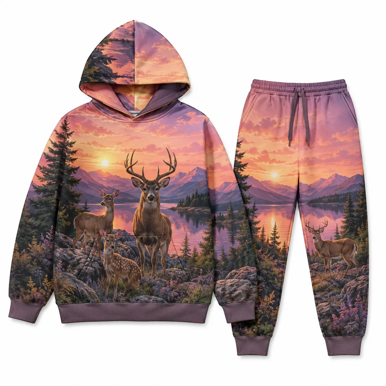 Conjunto de Sudadera y Pantalones con Ciervos al Atardecer para Niños-Spacilor