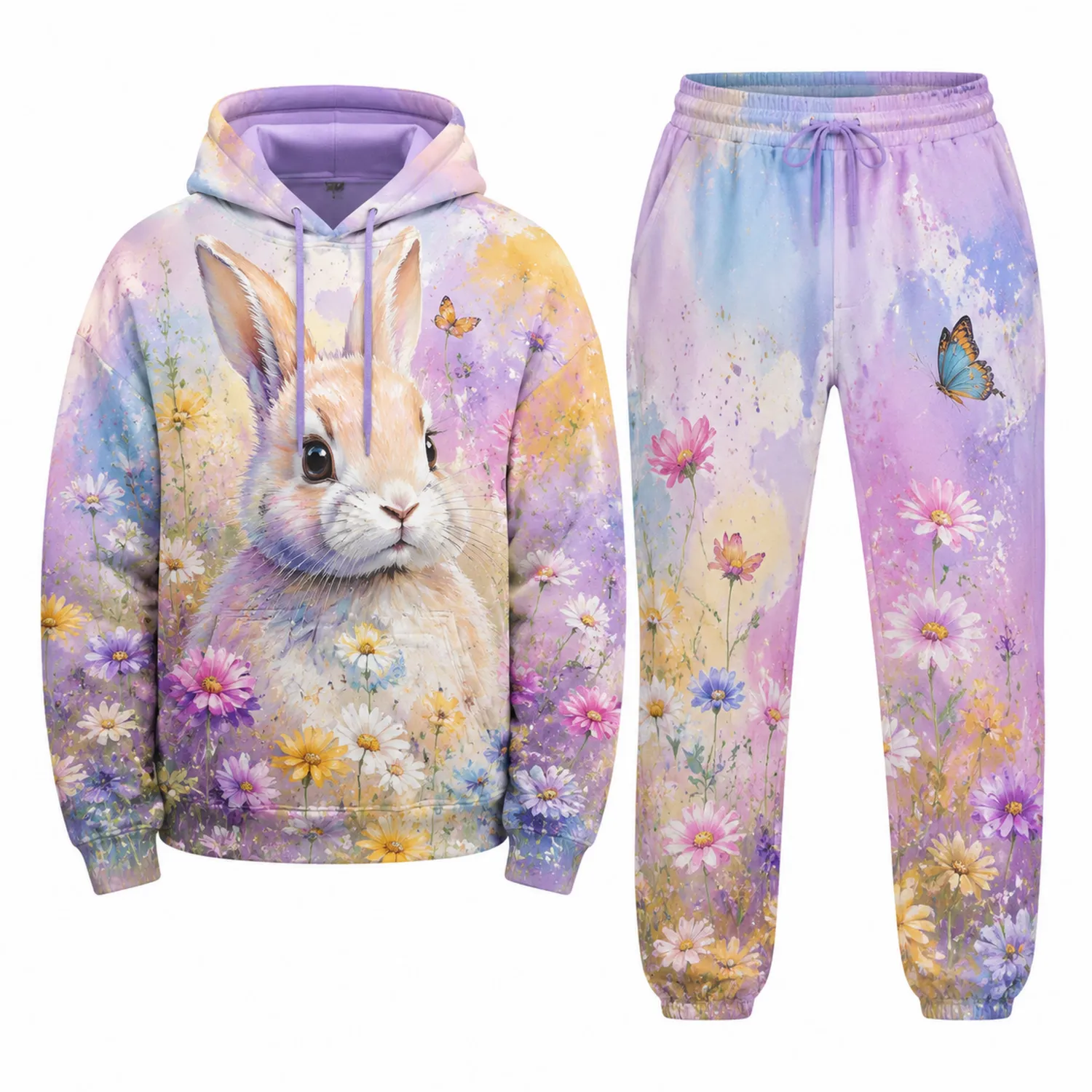 Conjunto de Chándal para Niñas con Estampado de Conejo y Flores-Spacilor