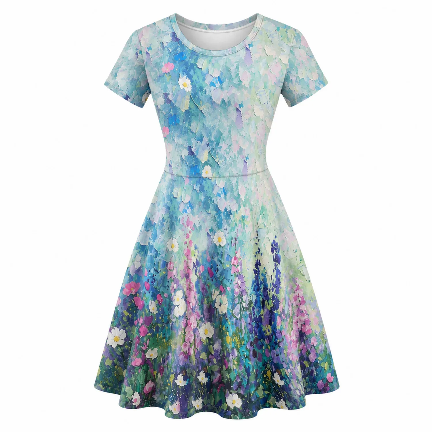 Robe T-shirt Femme Imprimé Fleurs Bleu Manches Courtes
