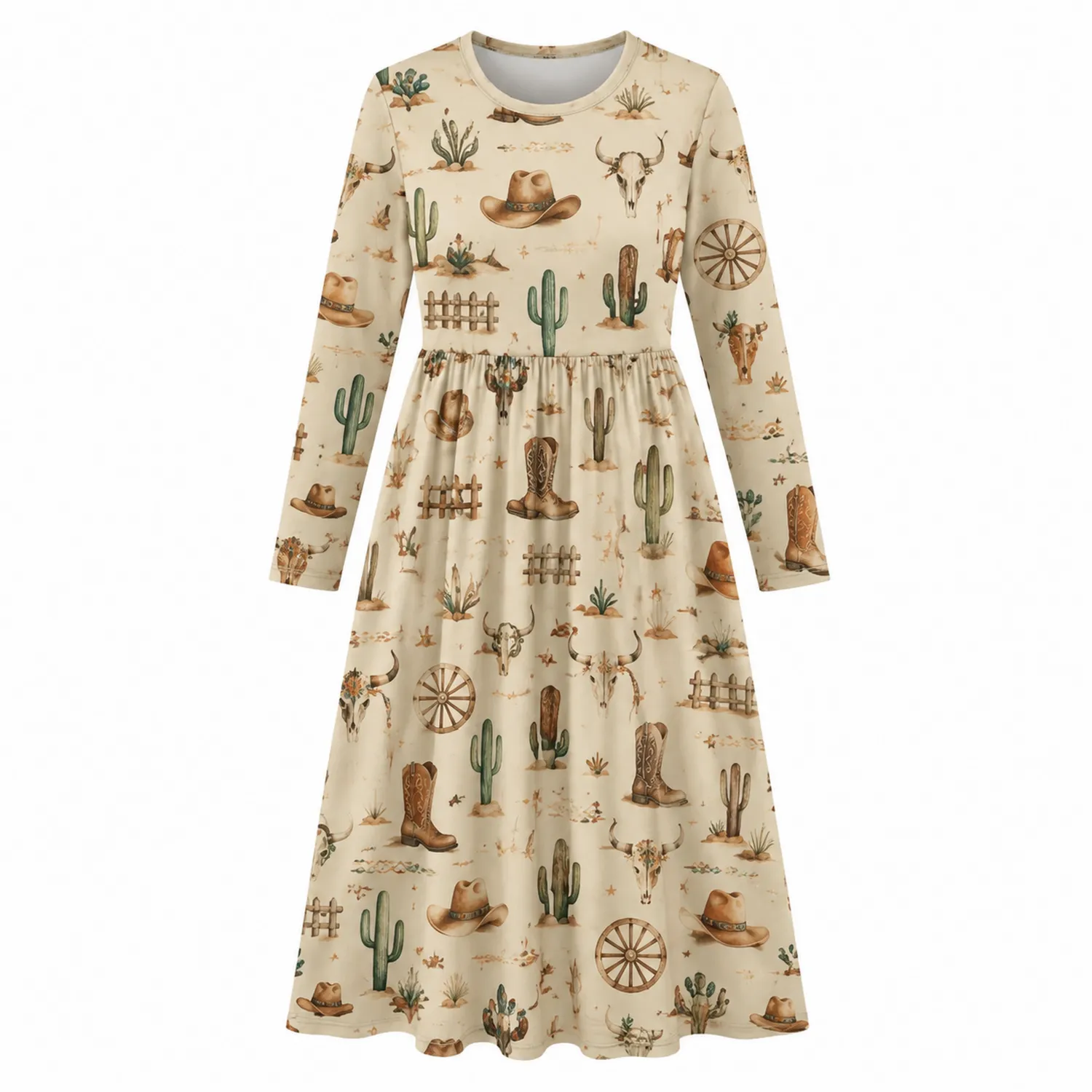 Robe Longue Maxi Western Cow-boy Imprimé Cactus Femme Automne