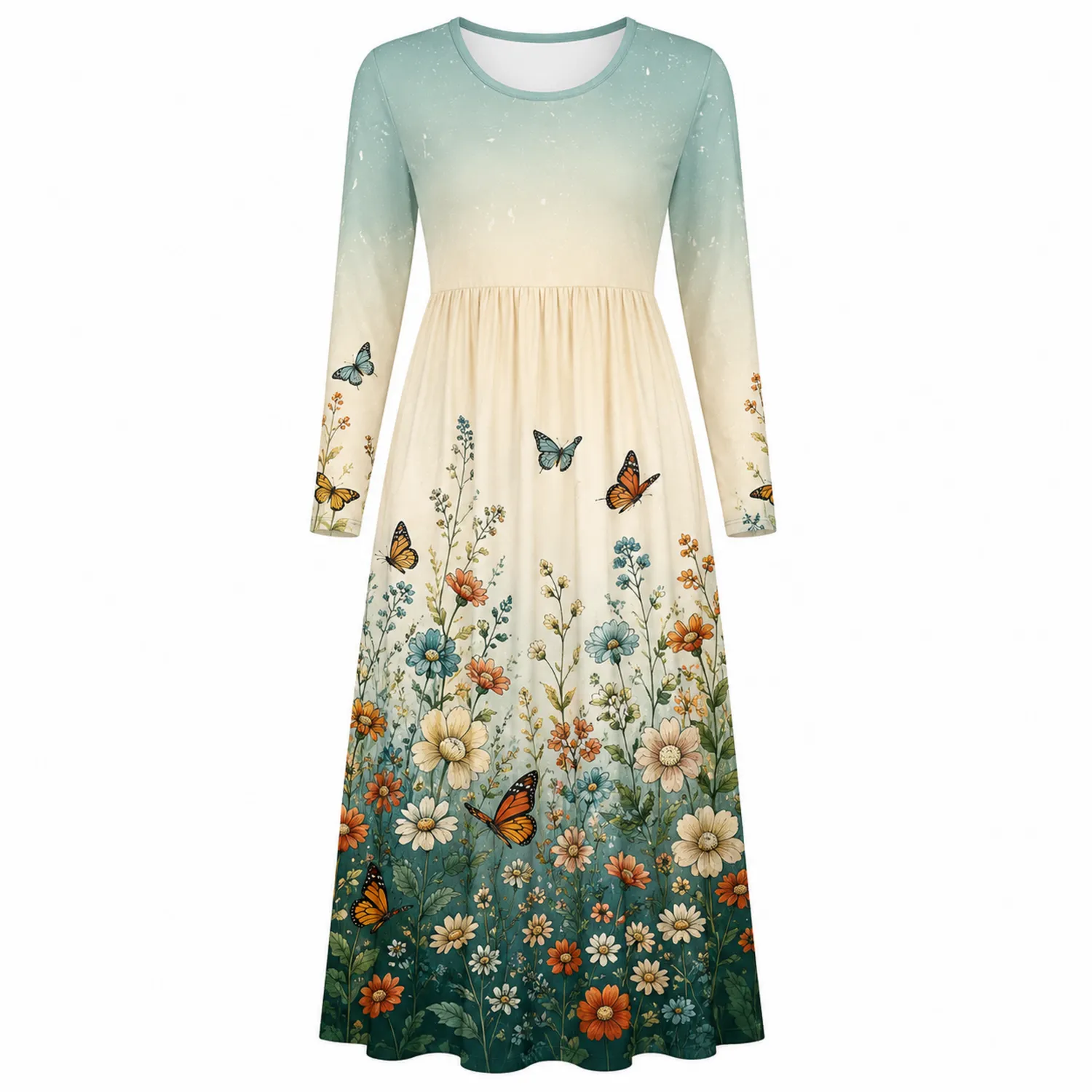 Robe Maxi Fleurie Papillon Manches Longues Femme
