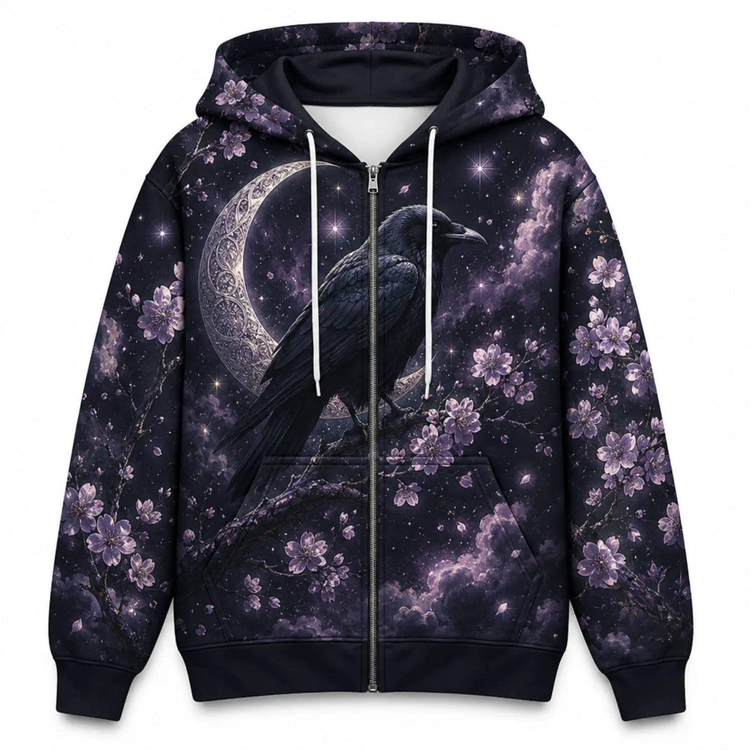 Sweatshirt à Capuche Corbeau Gothique et Fleur de Pêcher