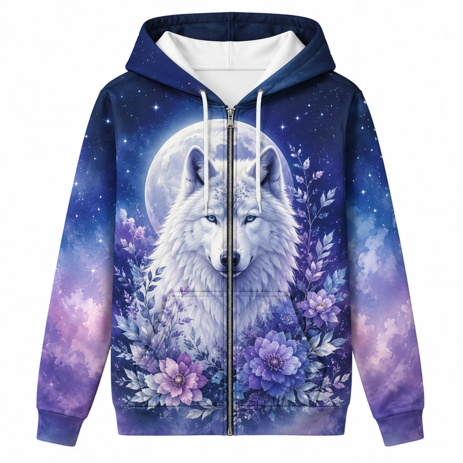 Sweat à Capuche Zippé Femme Loup Ciel Étoilé