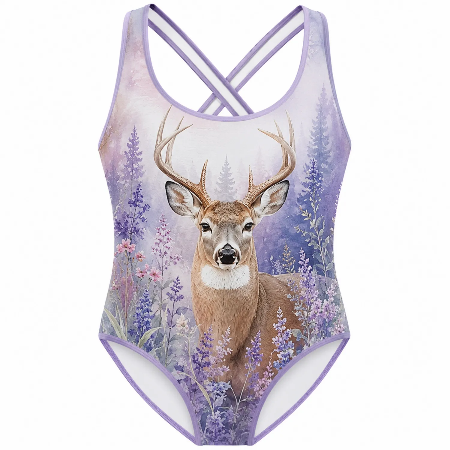 Maillot de Bain Fille Cerf Forêt Une Pièce Avec Bretelles Croisées