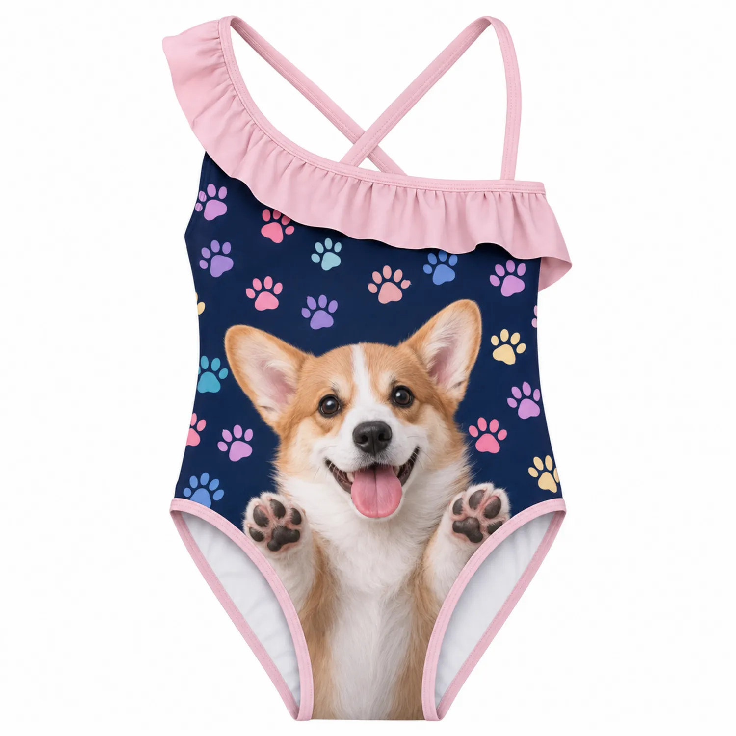 Maillot de Bain Fille Une Pièce Motif Corgi et Pattes