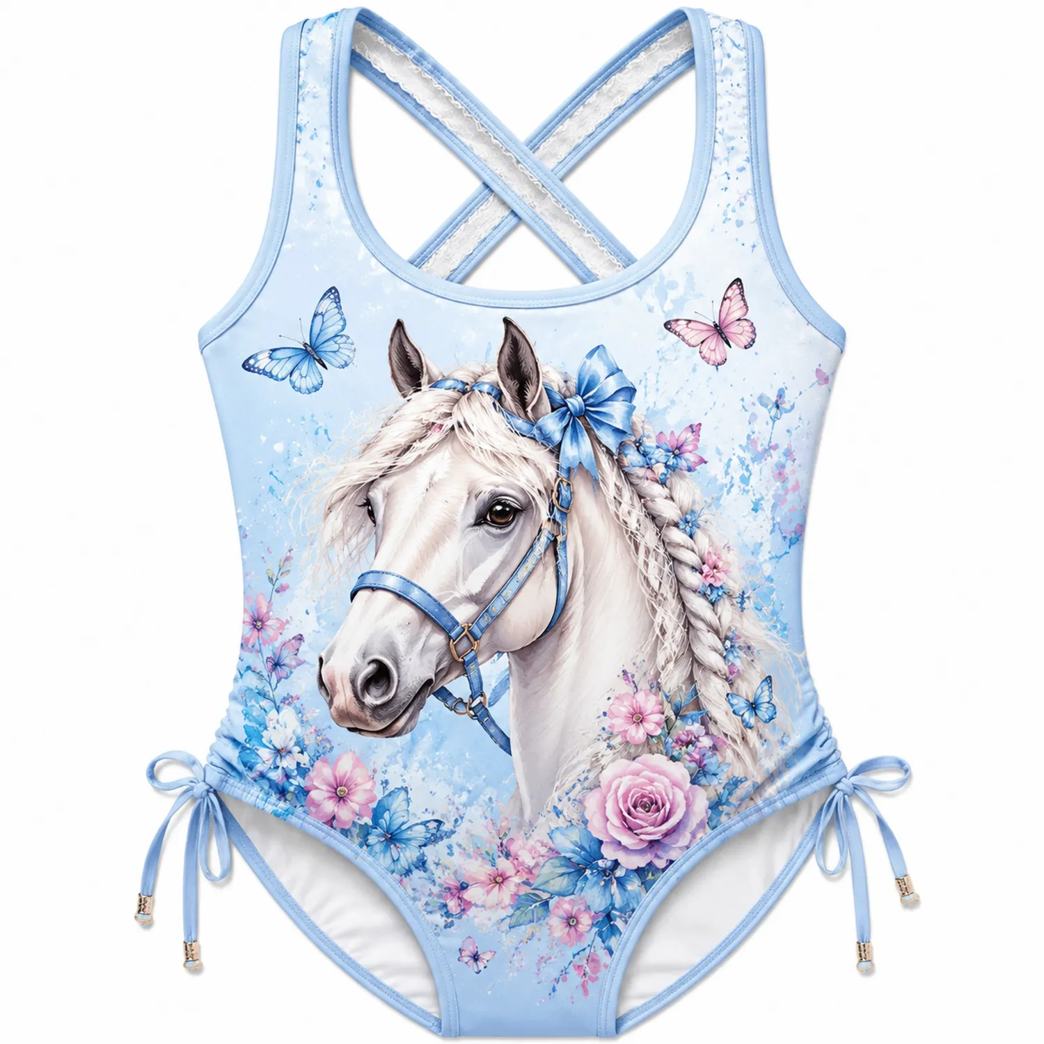 Maillot de Bain Fille Cheval Rose Une Pièce Croix Dos