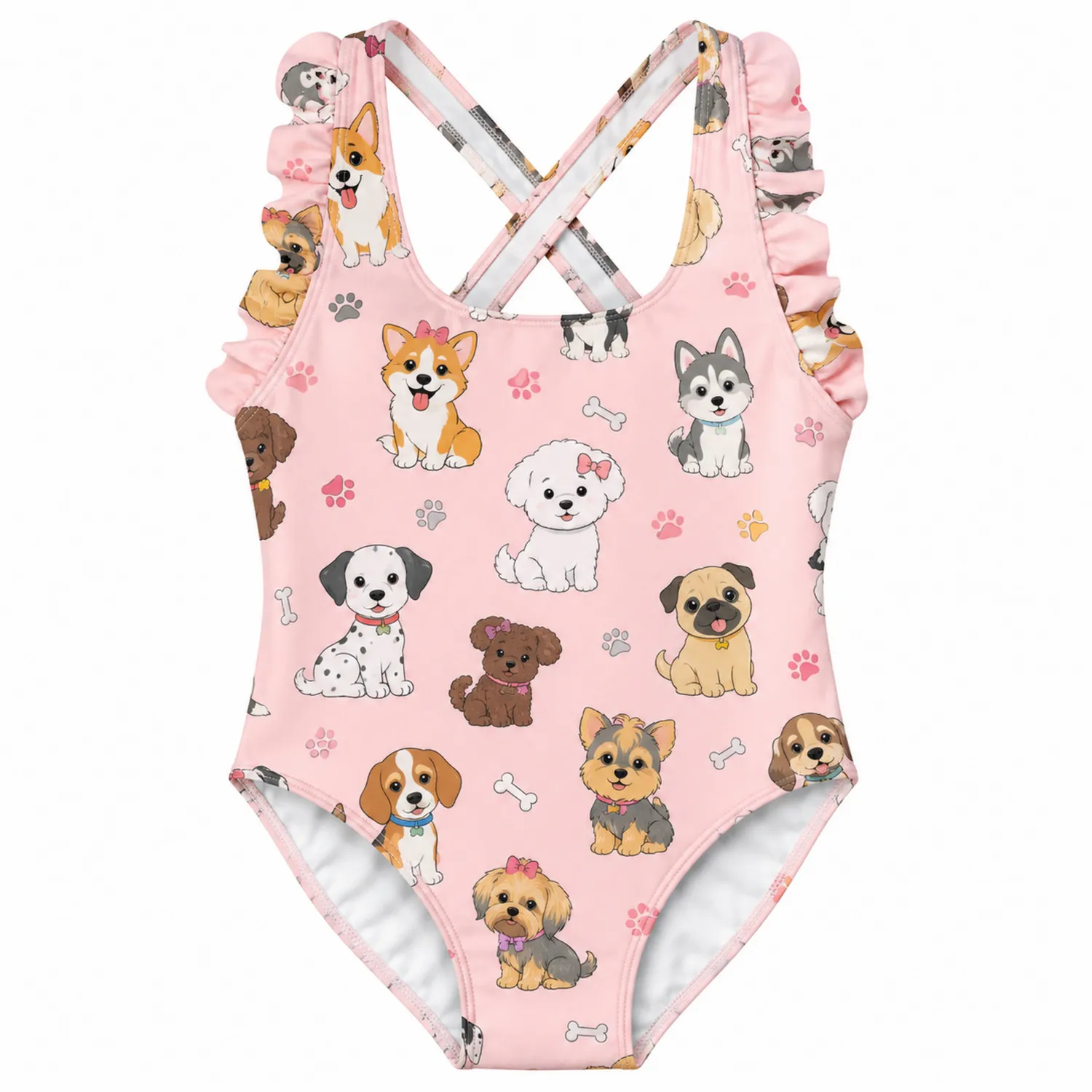 Maillot de bain 1 pièce fille motif chiots croisé dos