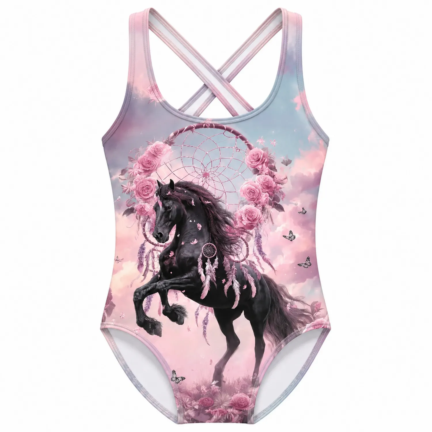 Maillot de Bain Fille Cheval Attrape-Rêves Rose Une Pièce Dos Croisé