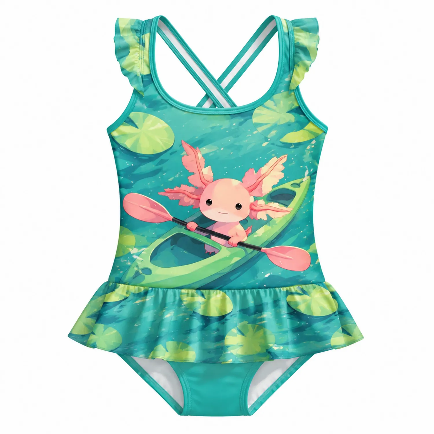 Maillot de Bain Fille Axolotl Bateau Une Pièce Dos Croisé
